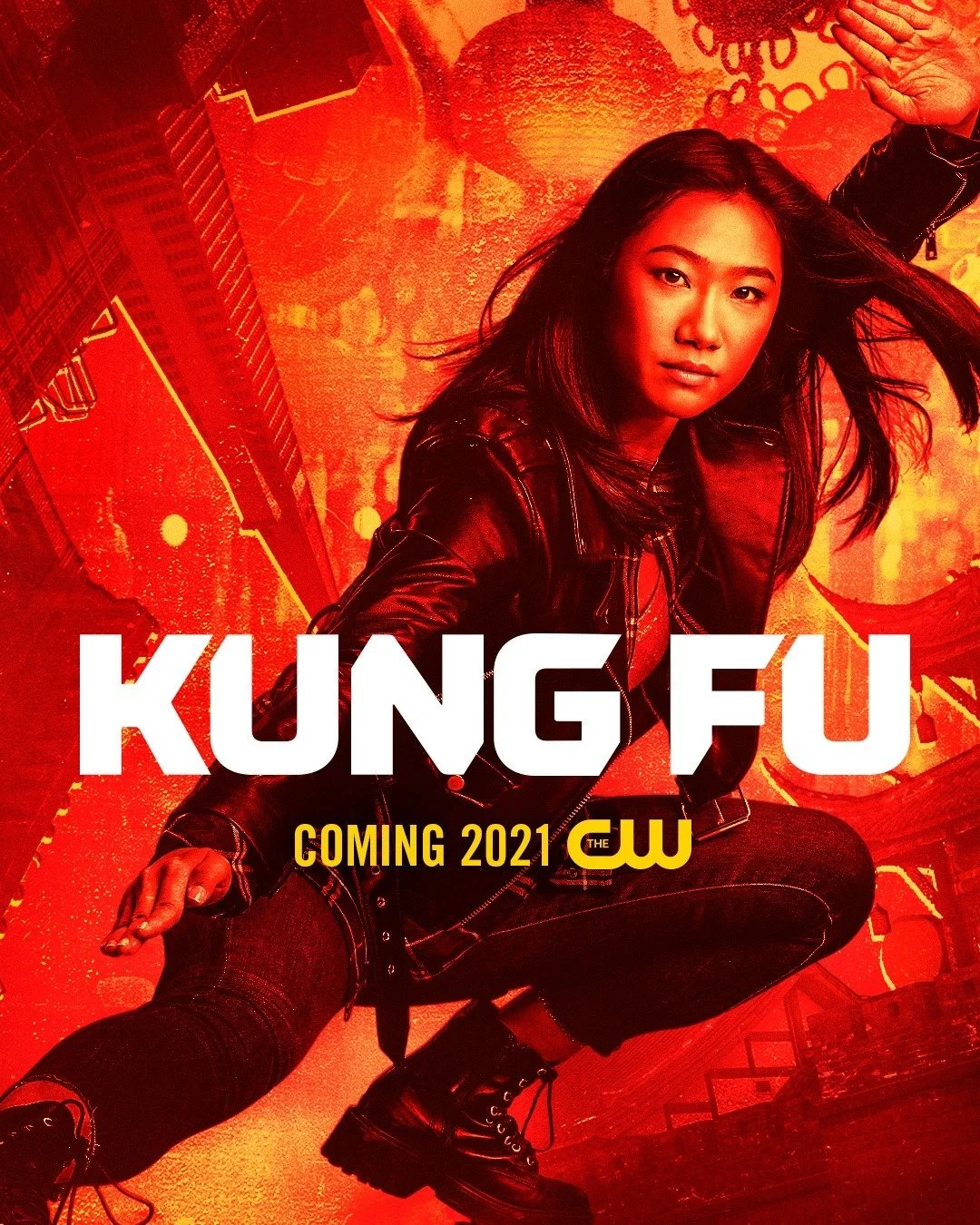 Poster from the TV show 'Kung Fu' featuring a woman with long dark hair in a leather jacket, crouched in an urban setting with skyscrapers, with bold white text 'KUNG FU' and yellow text 'COMING 2021' on the poster.