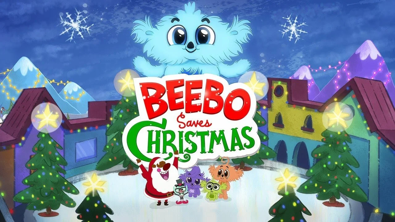 Colorful animated scene featuring a blue fluffy creature, decorated Christmas trees, houses, and snowy mountains, with a festive title reading 'Beebo Saves Christmas' and characters including Santa Claus.