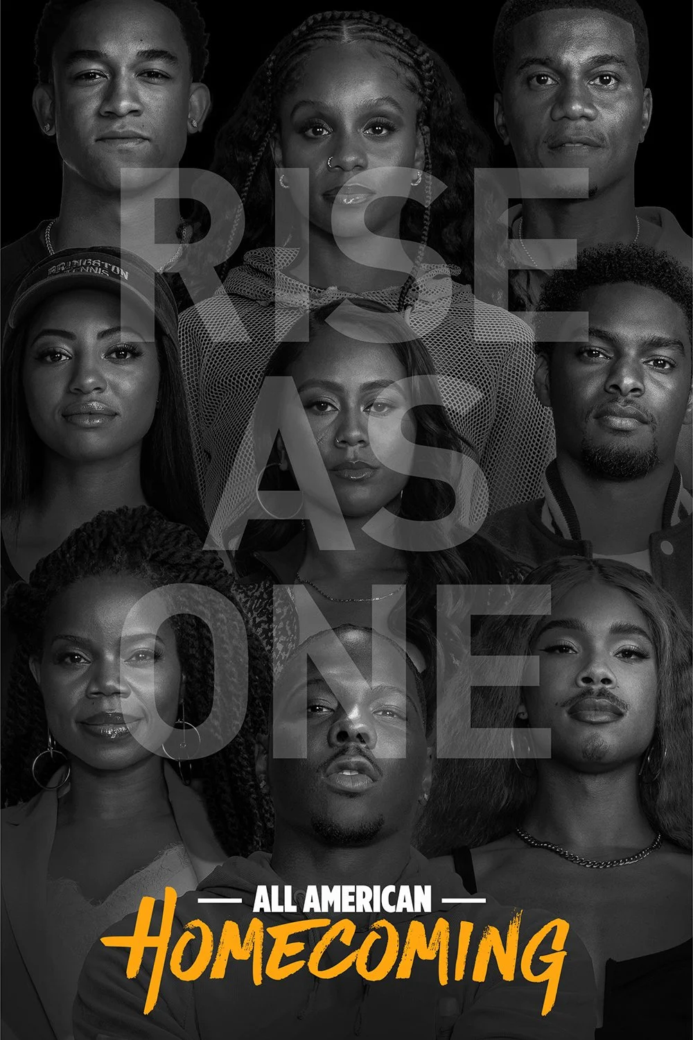 Black and white group portrait of diverse young adults with text overlay 'Diversity as One'. Bottom text in orange and white reads 'All American Homecoming'.