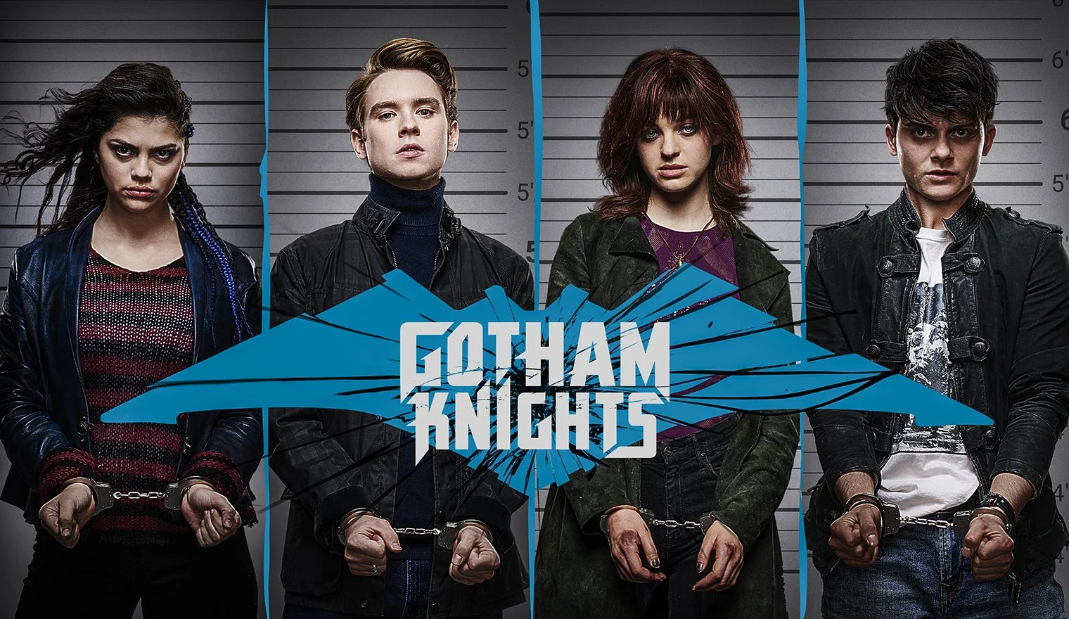 Promotional poster for Gotham Knights showing four young people with shadows and a height chart in the background, with the game's logo in the center.