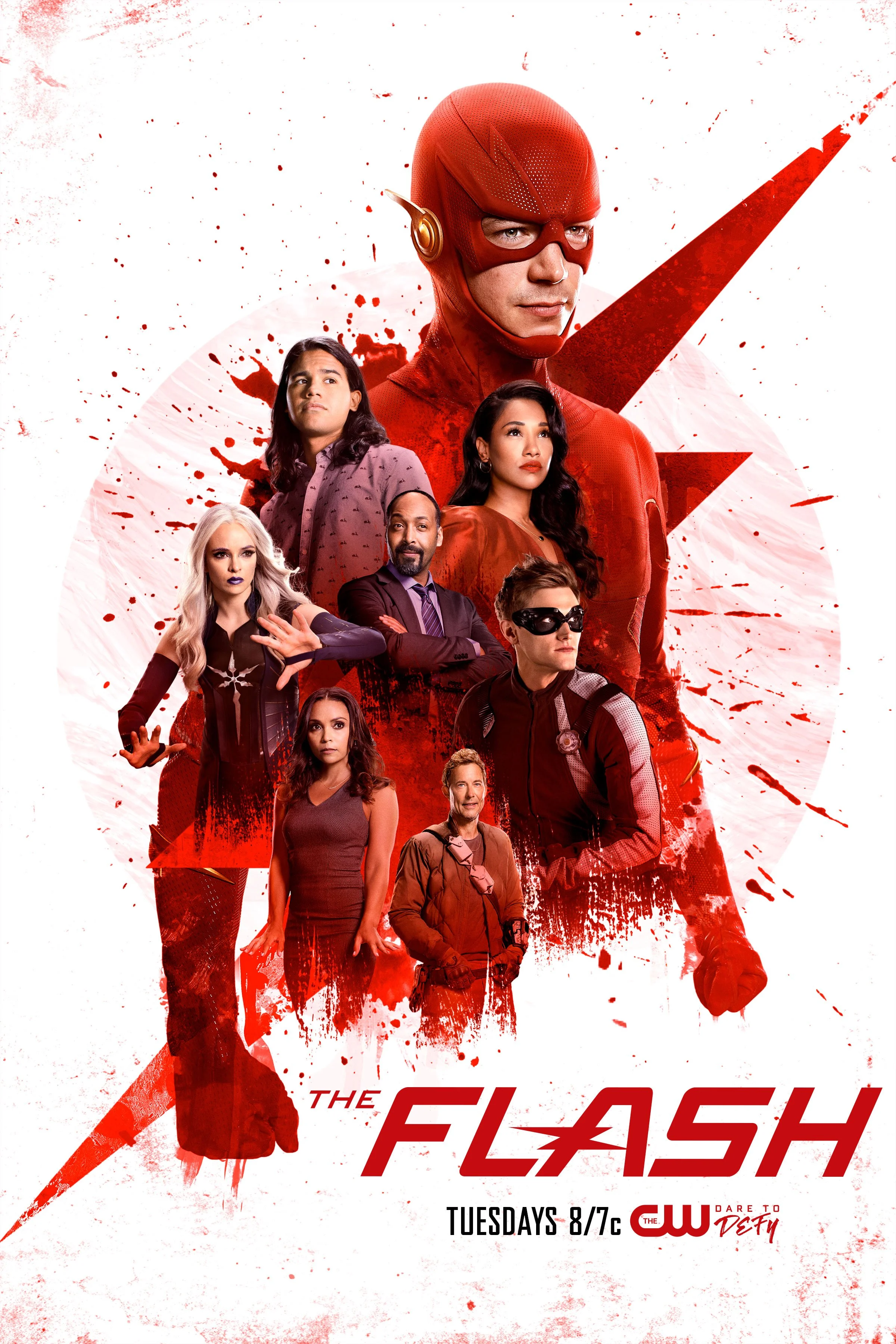Promotional poster for the TV series 'The Flash' featuring various characters, with the main character in a red superhero costume in the center. The poster has a red and white color scheme with splatter effects and the show's logo at the bottom. It i