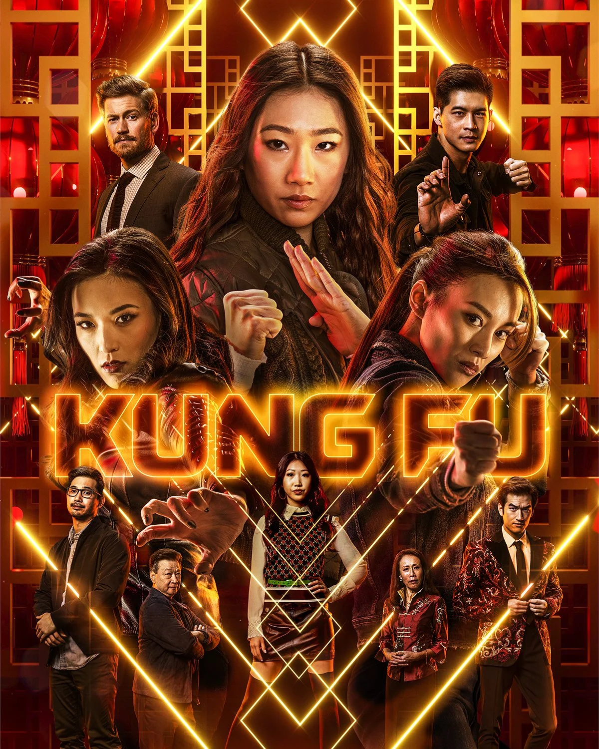 A poster for the movie 'Kung Fu'. It features multiple martial artists in various fighting poses with a red and gold cityscape background, neon-style lighting, and the movie title prominently displayed in bright orange letters.