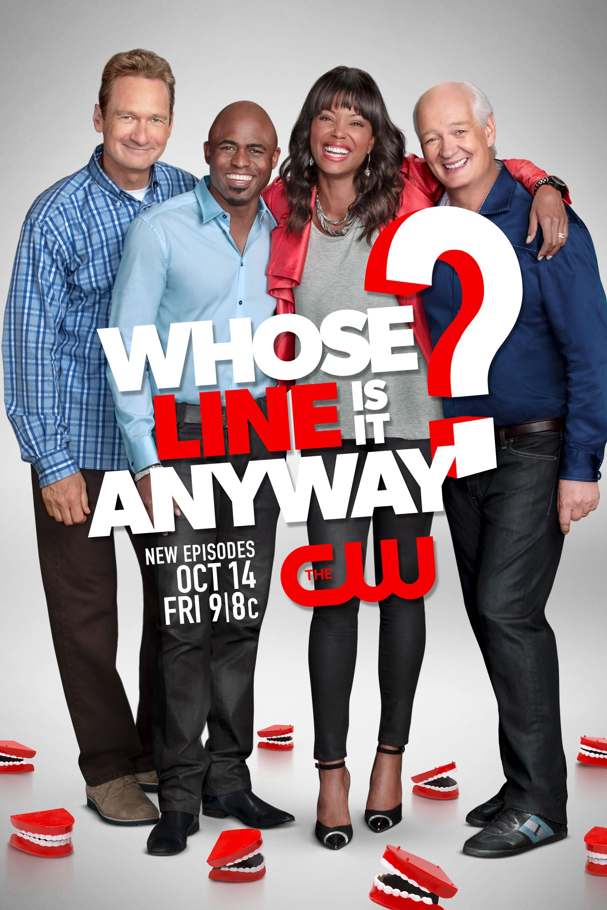 Promotional poster for a TV show featuring four actors standing together, smiling. Text on the poster advertises new episodes starting October 14 on The CW, with a playful theme involving red and white teeth-shaped objects scattered on the floor.