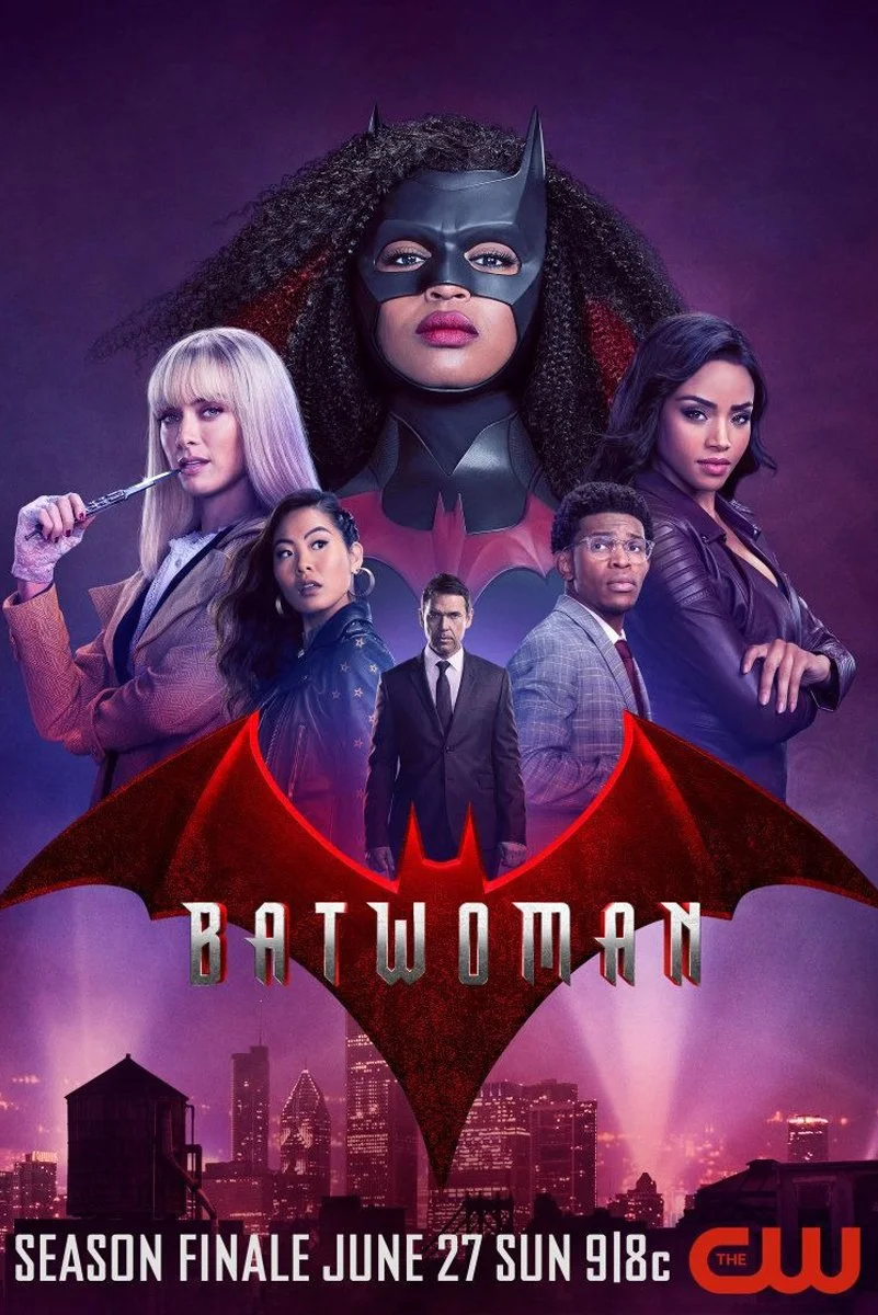 Promotional poster for the TV show Batwoman featuring the main characters, with a dark city skyline in the background, and text indicating the season finale airing on June 27.