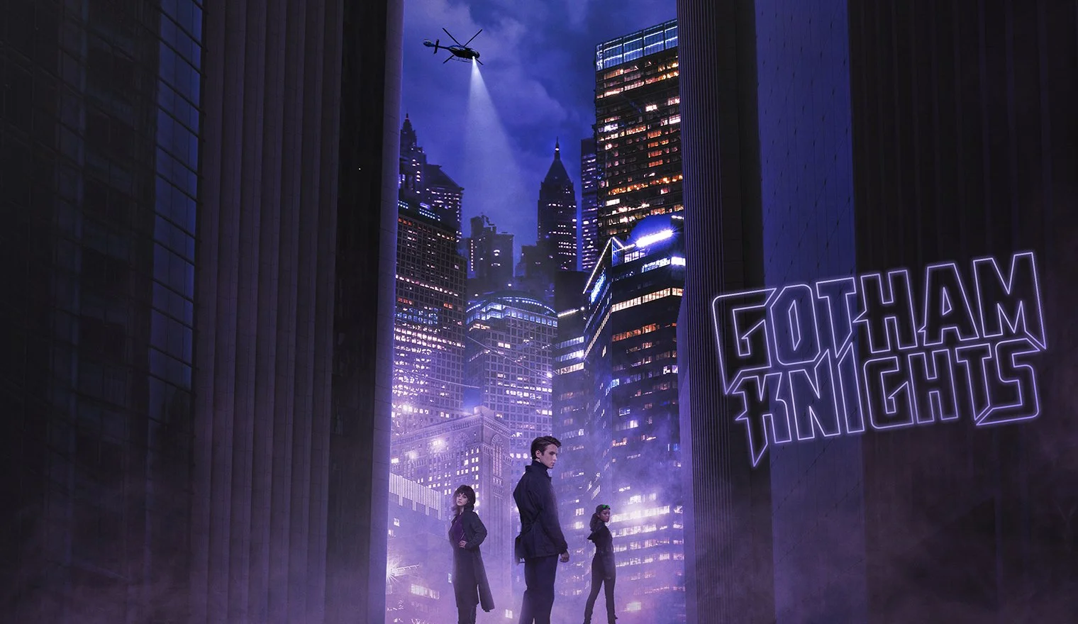 A futuristic cityscape at night with tall buildings illuminated with neon lights, a helicopter shining a spotlight, and three people dressed in dark clothing standing on a foggy street, with a large neon sign reading 'GOTHAM KNIGHTS' on a building.