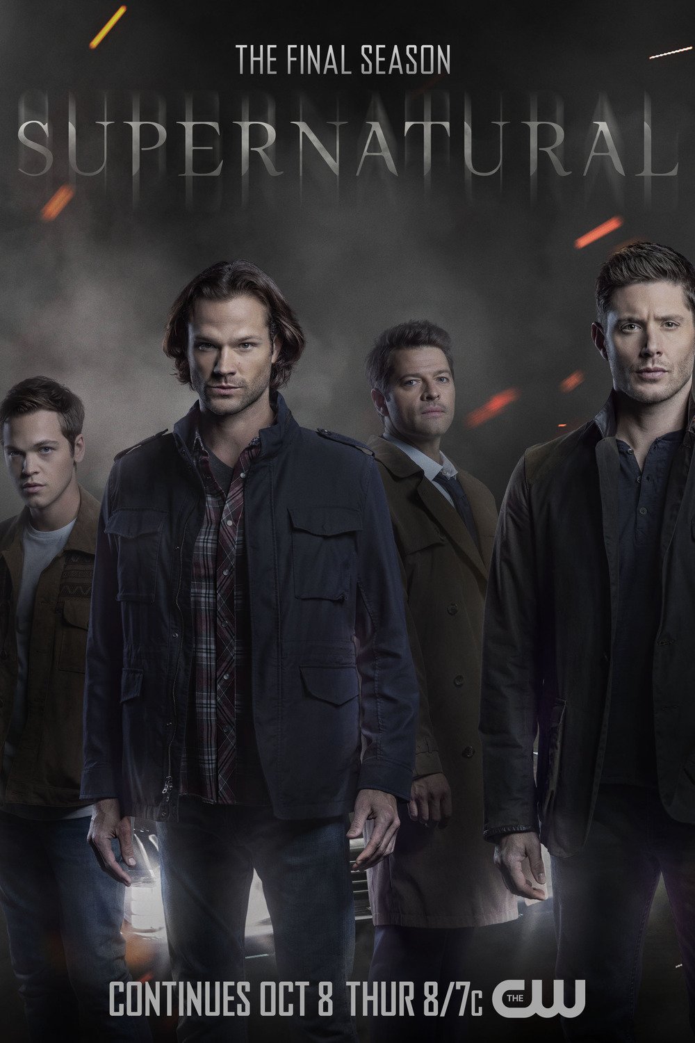 Promotional poster for Supernatural's final season featuring four main characters standing in a dark, smoky background with text indicating the show's ending and premiere date.