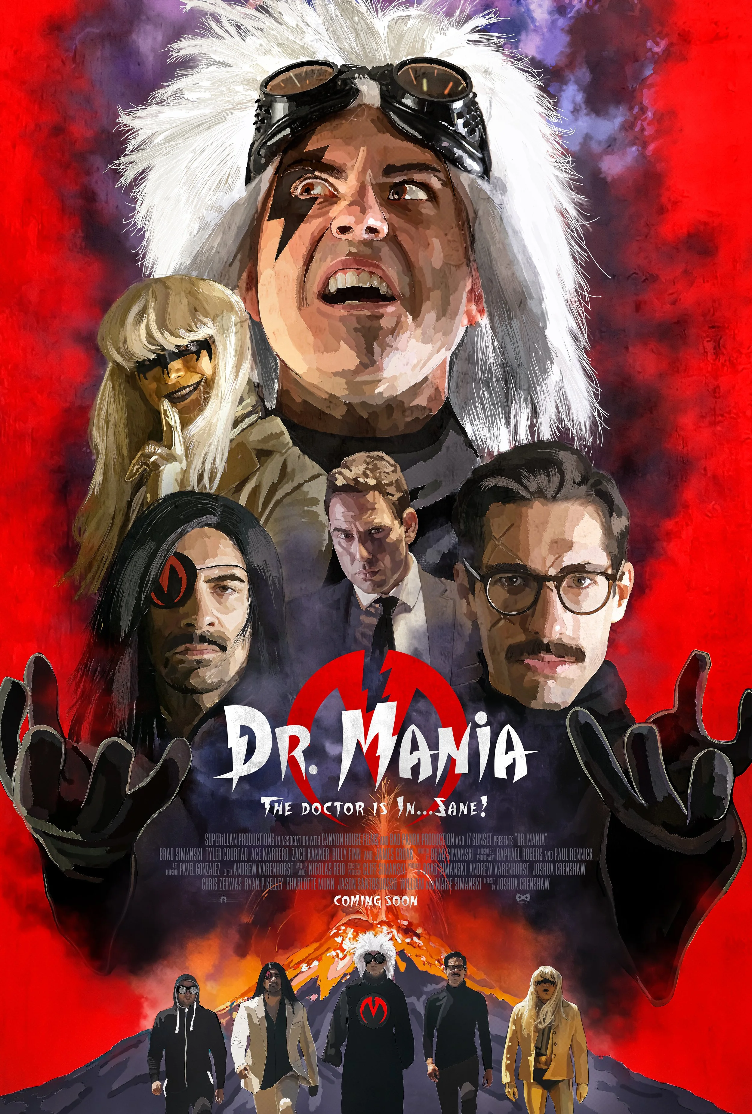 Poster for the movie 'Dr. Mania: The Doctor is in, Same?' featuring illustrated characters from popular movies and TV shows, including a woman with white hair and goggles resembling Doc Brown from 'Back to the Future,' a woman with platinum blonde ha