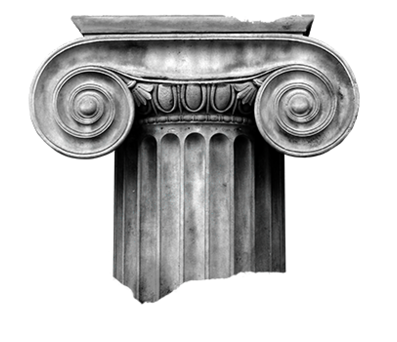 A grayscale illustration of a classical Greek column with a detailed capital consisting of scroll-like volutes and decorative elements.