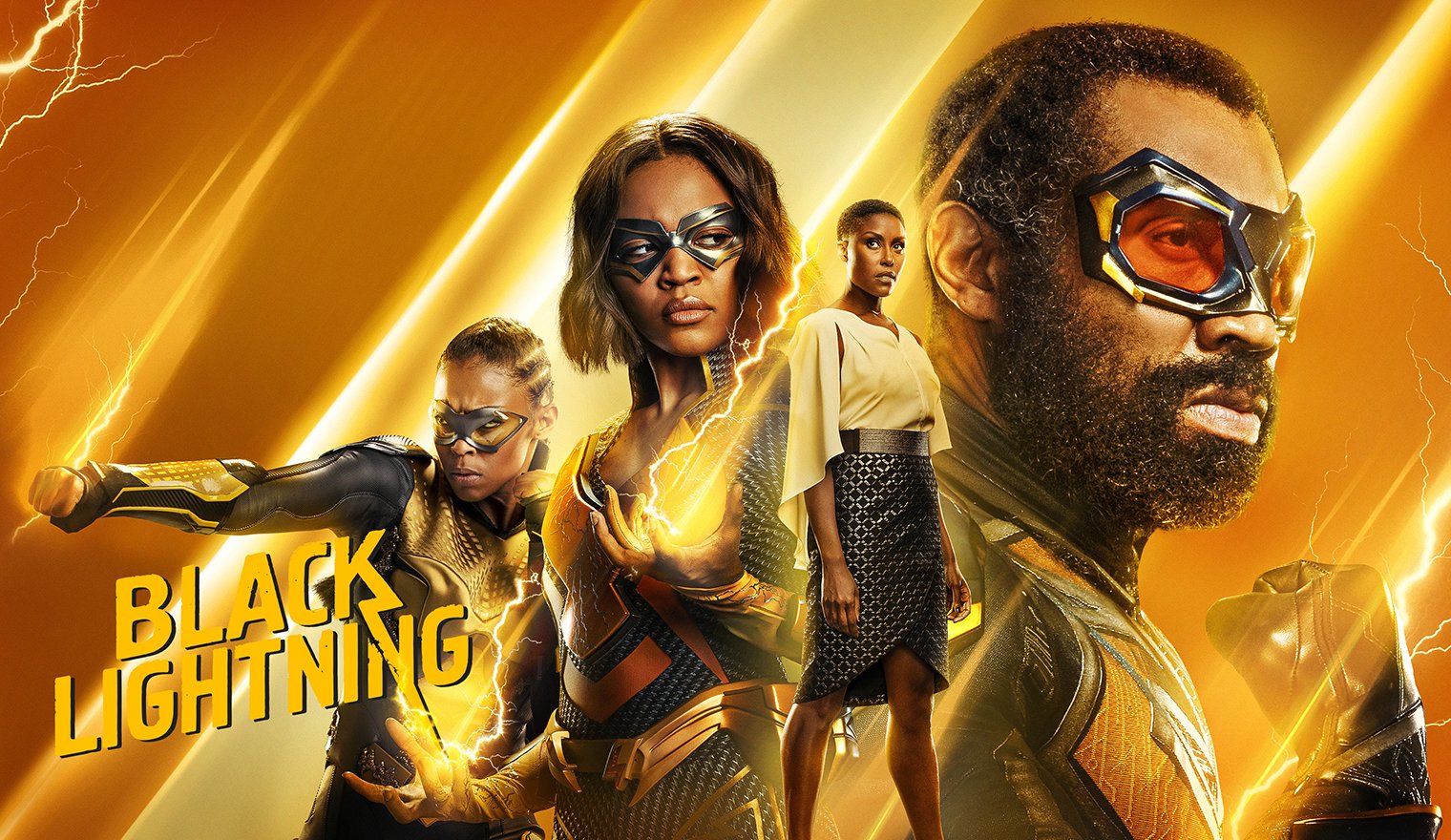 Promotional poster for the movie 'Black Lightning', featuring four characters in superhero costumes with lightning effects and a bright yellow background.