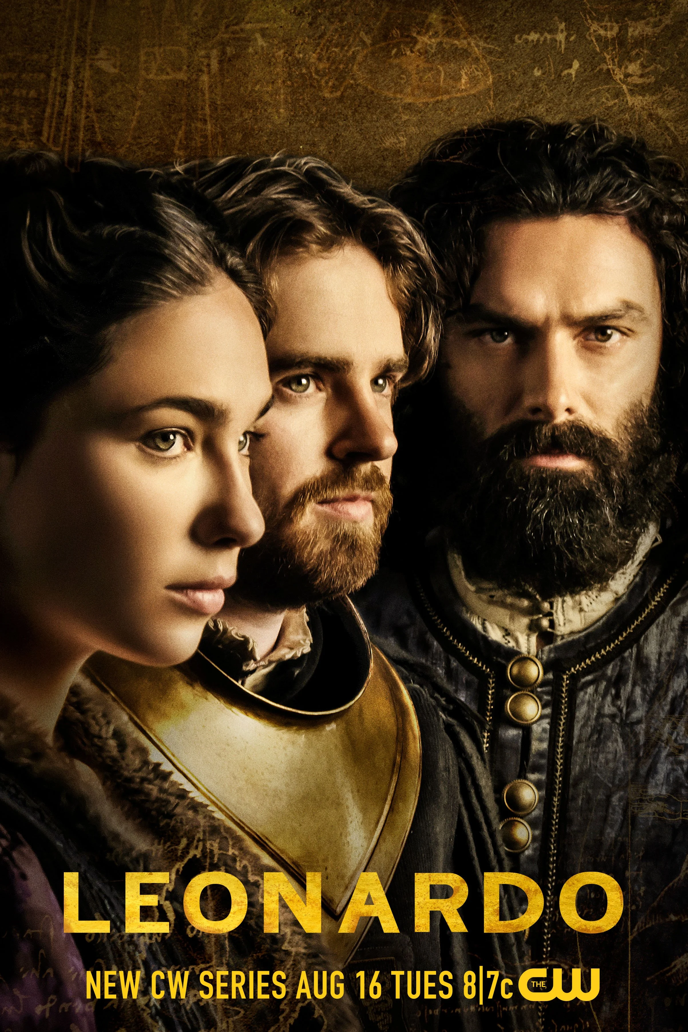 Close-up image of three characters from the TV series 'Leoardo', showing their faces with intense expressions, dark hair, and medieval-style clothing, on the cover poster promoting the series premiere on August 16 on The CW.