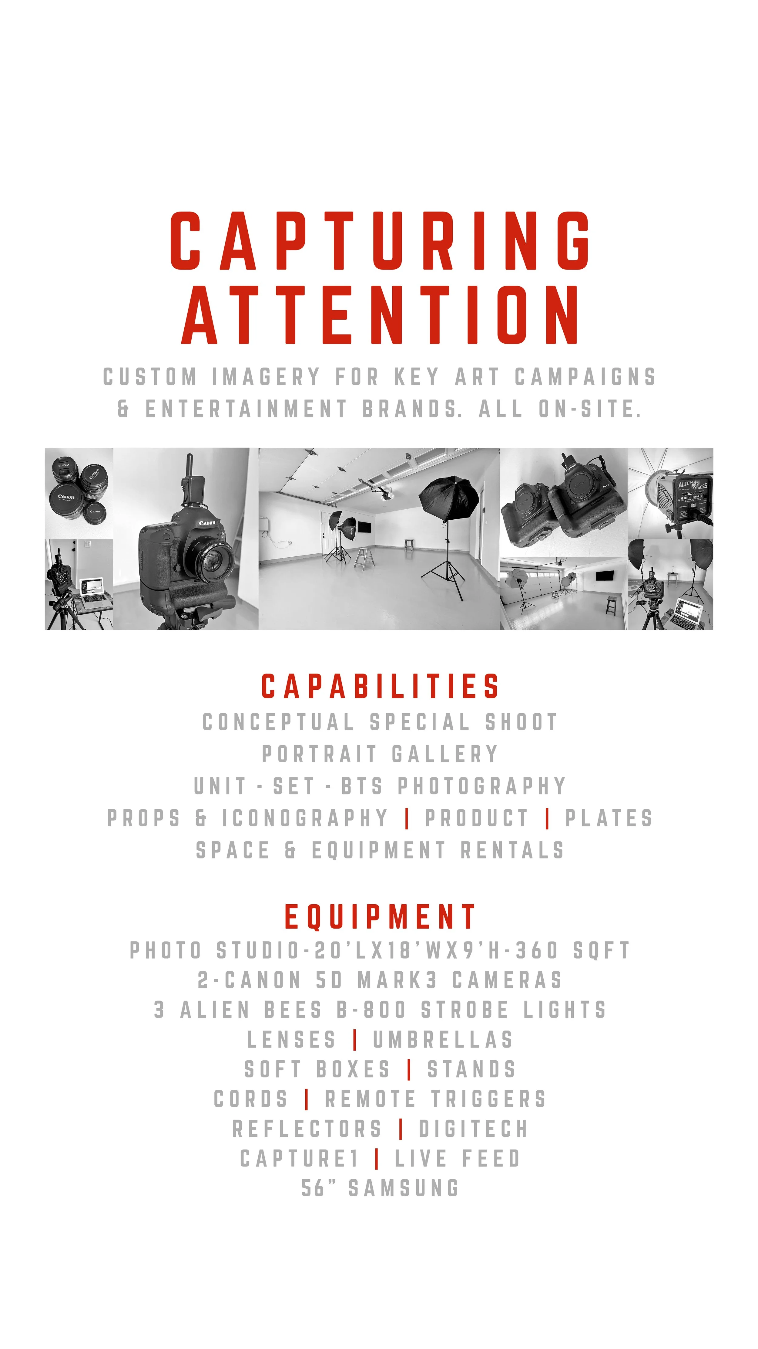 Poster advertising marketing services with bold red title and grayscale images of photography equipment, studio setup, props, and lighting gear.