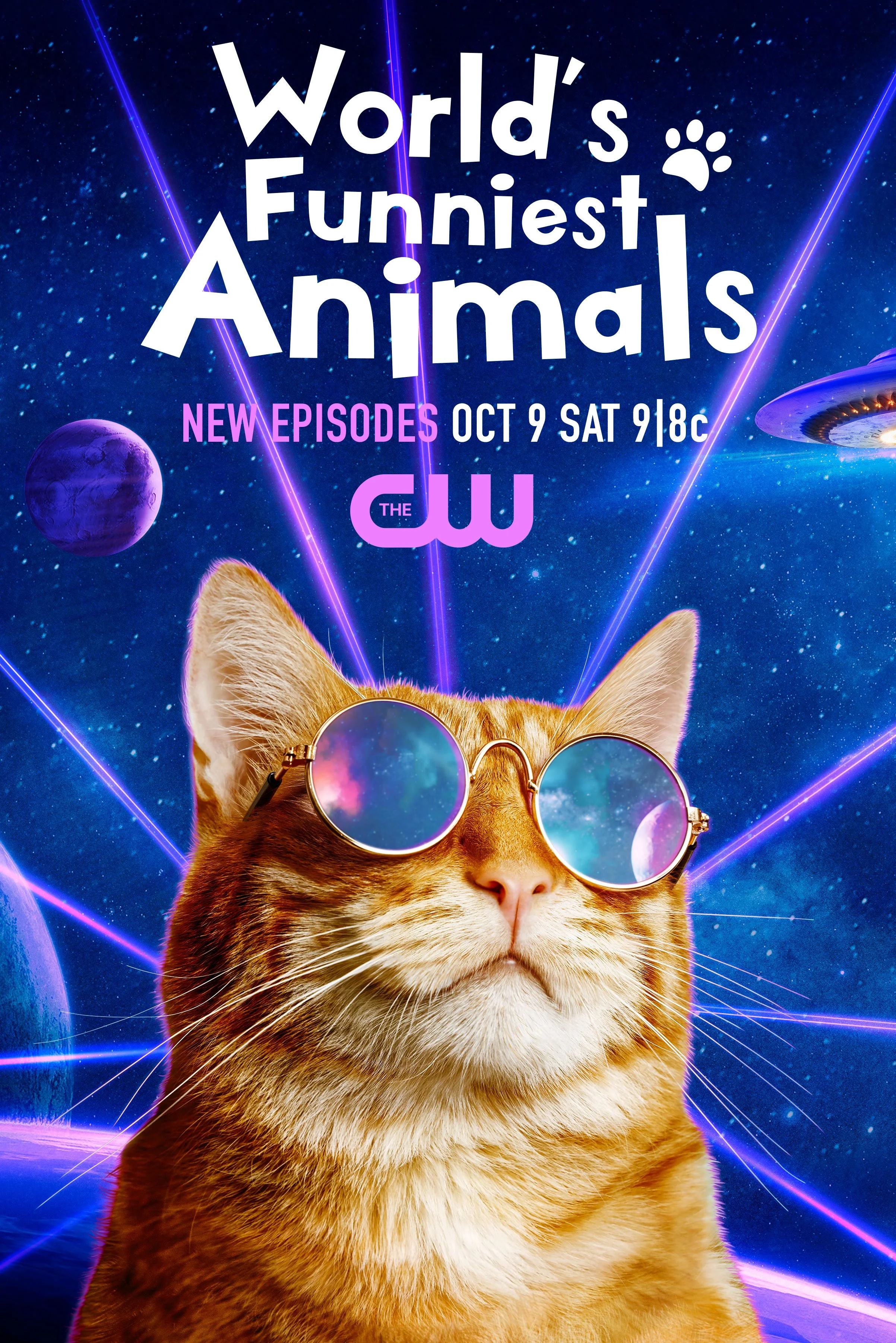 The image features a cat wearing sunglasses with reflections, set against a cosmic background with planets, stars, and neon light beams, promoting a show titled 'World's Funniest Animals' airing on The CW.