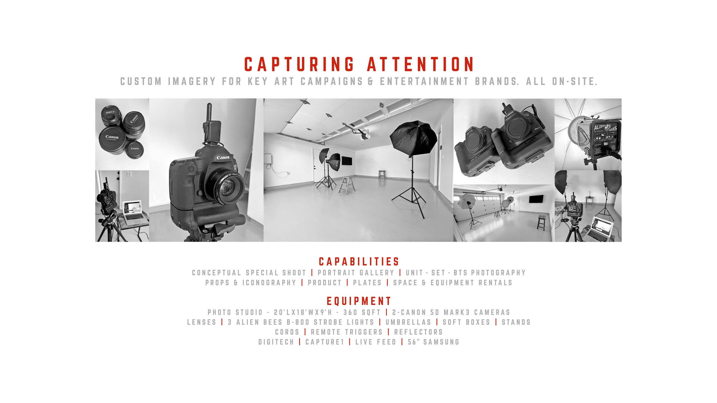 A collection of photography equipment and studio setup, including cameras, lenses, studio lights, umbrellas, softboxes, stands, remote triggers, reflector, and a camera on a tripod, arranged in a professional photo studio environment.