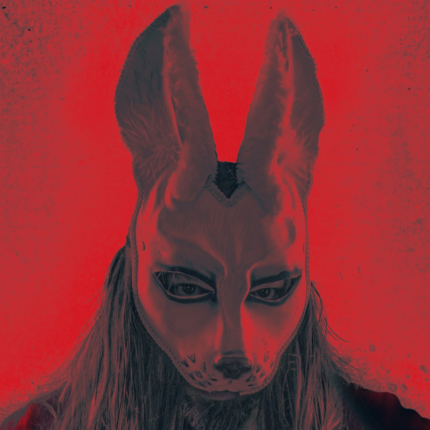 Person wearing a horror rabbit mask with a Santa suit while holding a pumpkin and axe, dressed in dark clothing, standing in a dimly lit setting. A body and wardrobe horror photo for a key art poster.