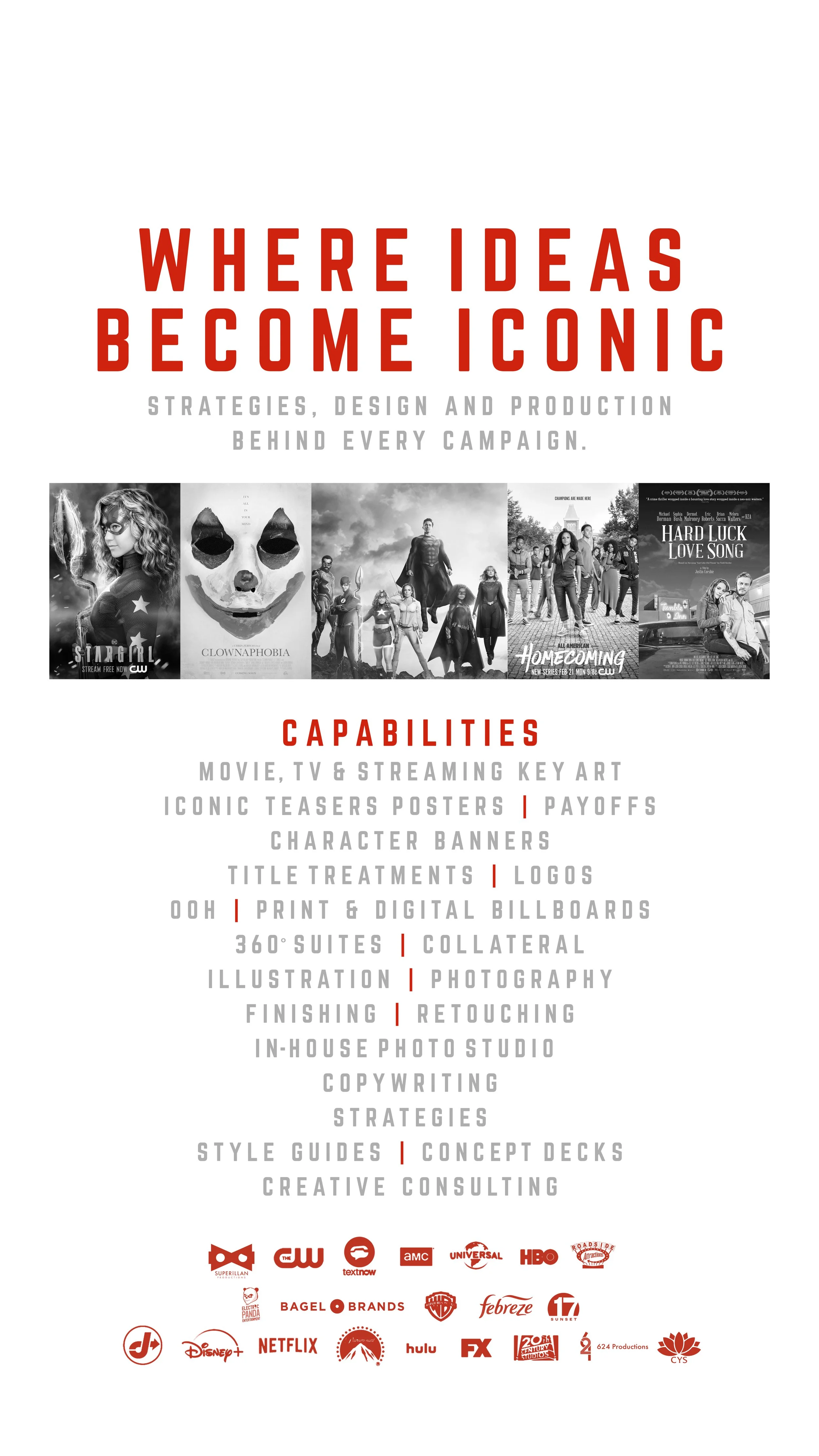 A promotional poster for a company specializing in design and production of movie, TV, and streaming content, featuring a lineup of streaming service logos at the bottom.