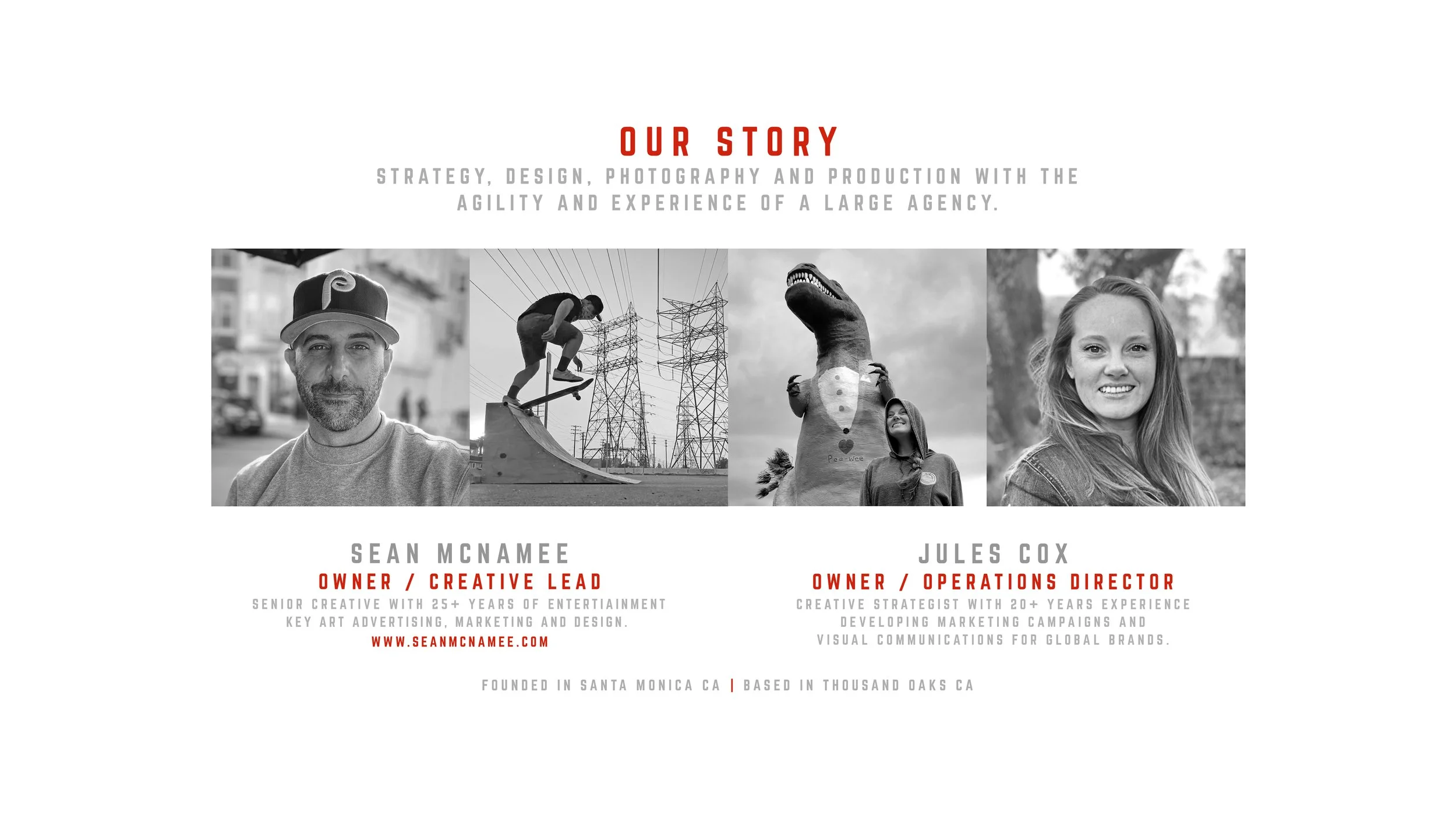 Webpage featuring team members Sean McNamee and Jules Cox with their titles and expertise, black and white photos of each, company information and website link, with a white background and red accents.