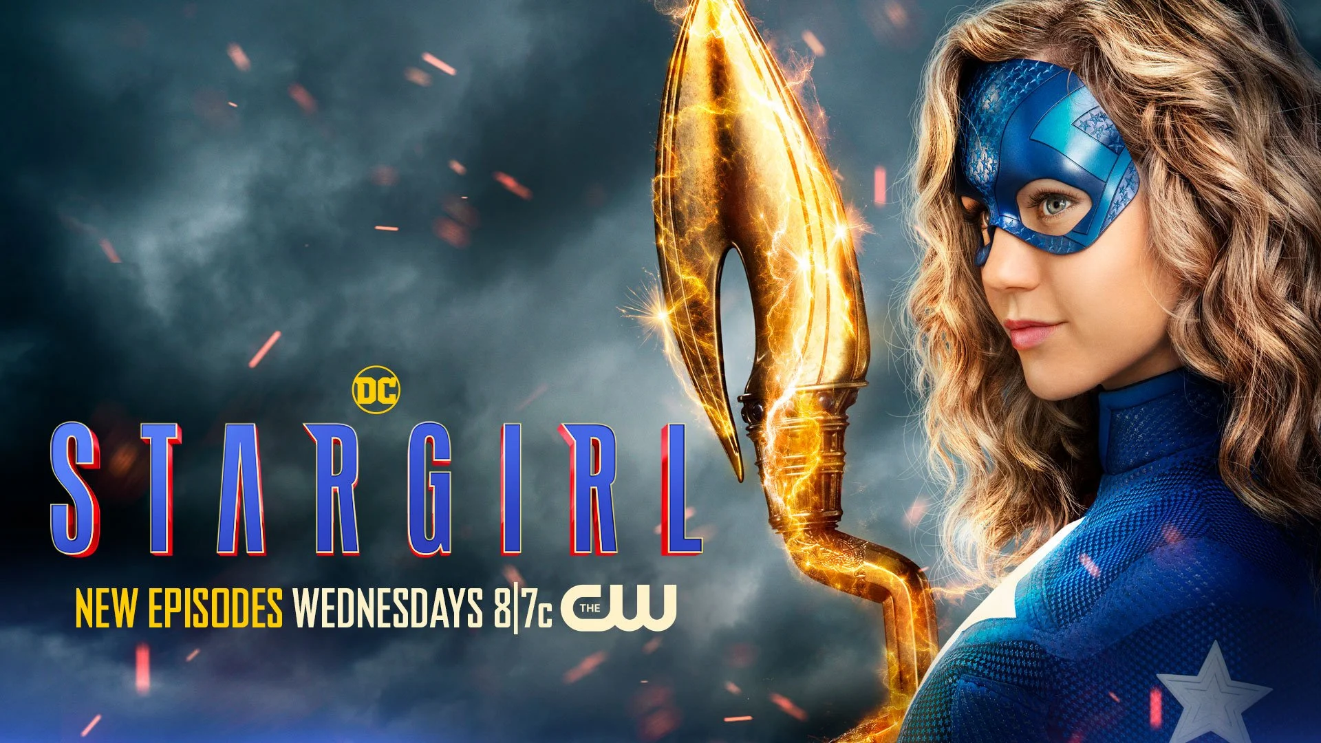 Promotional poster for the TV show Star Girl, featuring a young woman in a blue superhero costume and mask, holding a golden bow with lightning effects, with the show's title and airing information at the bottom.