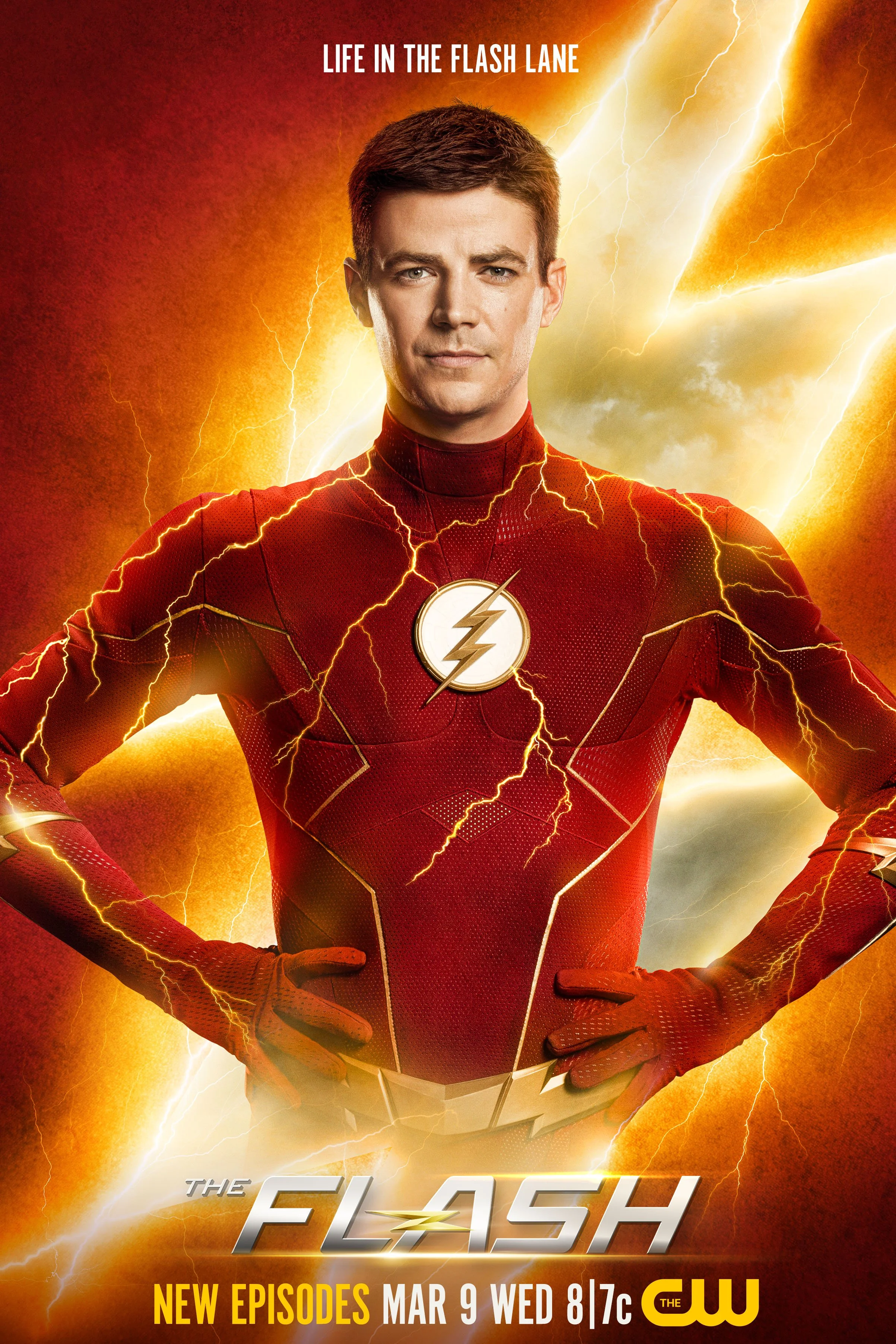 Poster for 'The Flash' TV series featuring a shirtless male superhero with red costume and lightning bolts in the background, with lightning and stormy sky, promotional text for new episodes starting March 9 on The CW.