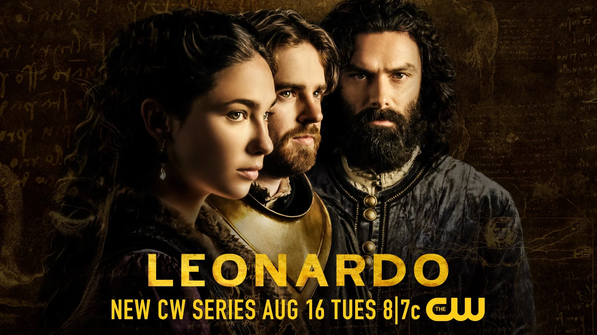 Promotional poster for the TV series 'Leonardo' featuring three characters in medieval attire against a background of dark parchment with handwritten text and sketches. The text includes the show's title, air date, and network information.