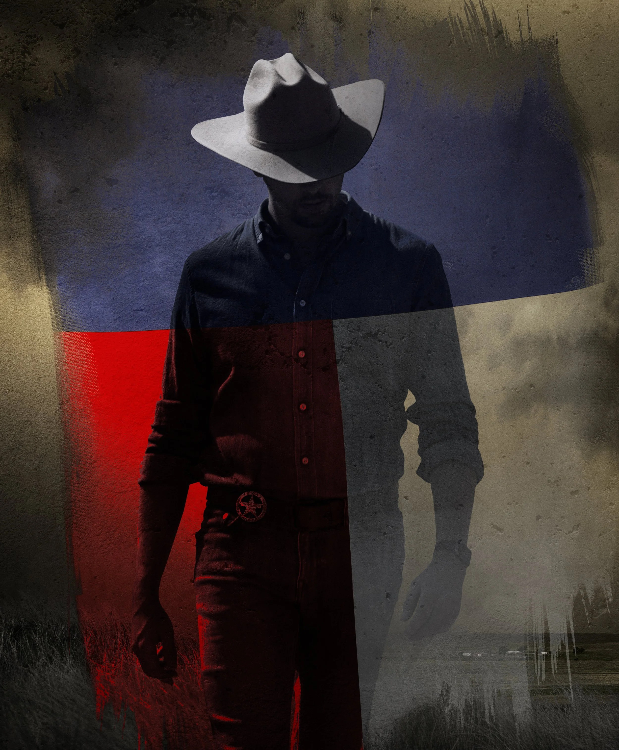A person wearing a cowboy hat and a dark shirt standing outdoors during dusk or night, with a textured background and a red light illuminating the lower part of their body.