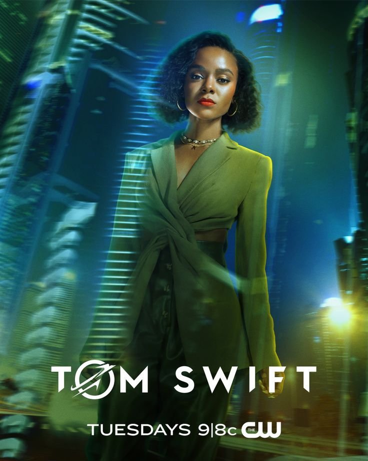 Promotional poster for a TV show featuring a confident woman with short curly hair, wearing a green wrap dress, gold jewelry, and standing against a cityscape background with blue and green neon lights. The show is called 'Tom Swift' and airs Tuesday