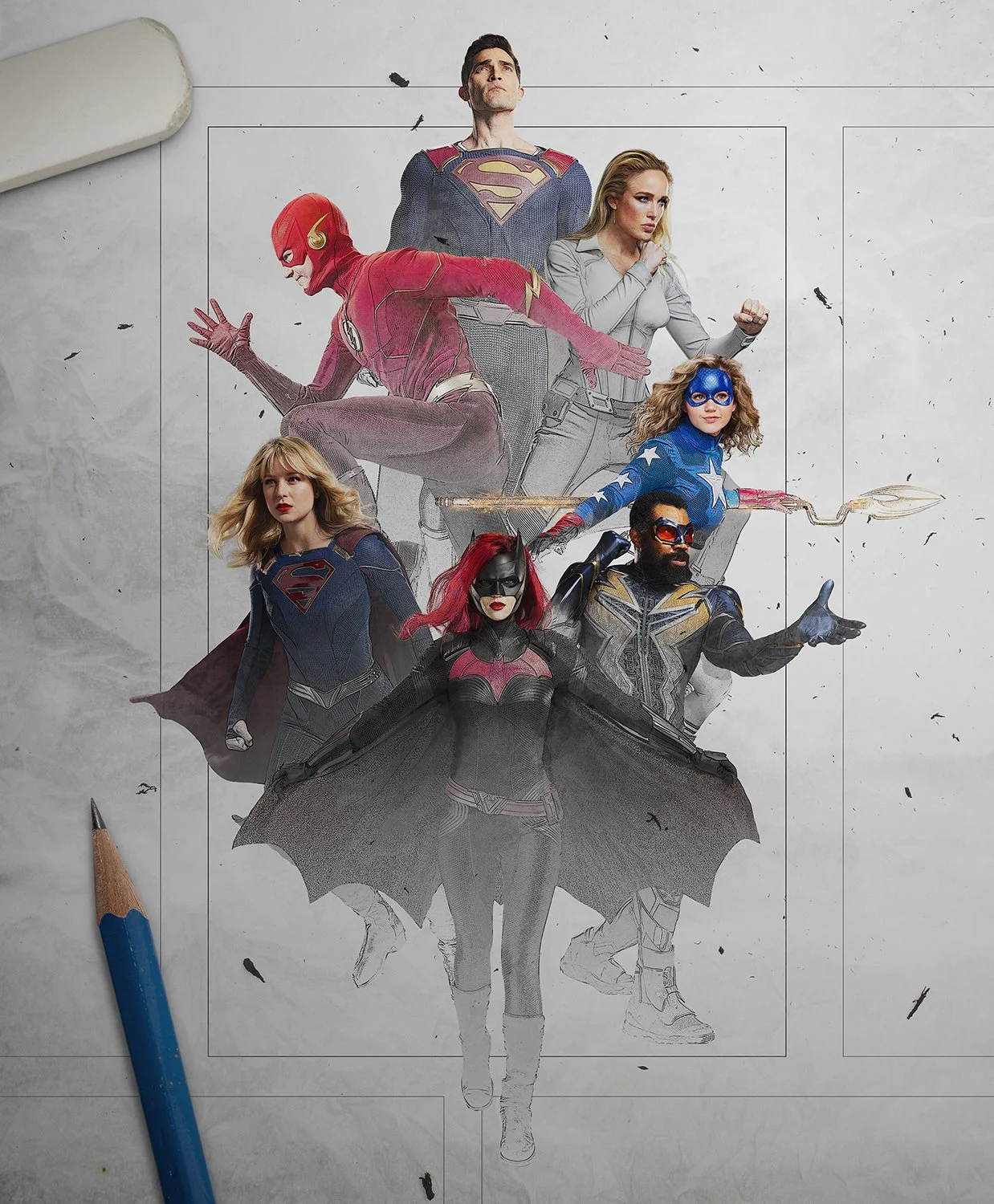 Illustration of superhero women, including Supergirl, Batwoman, and others, with some in color and some in sketch form, on a white background.