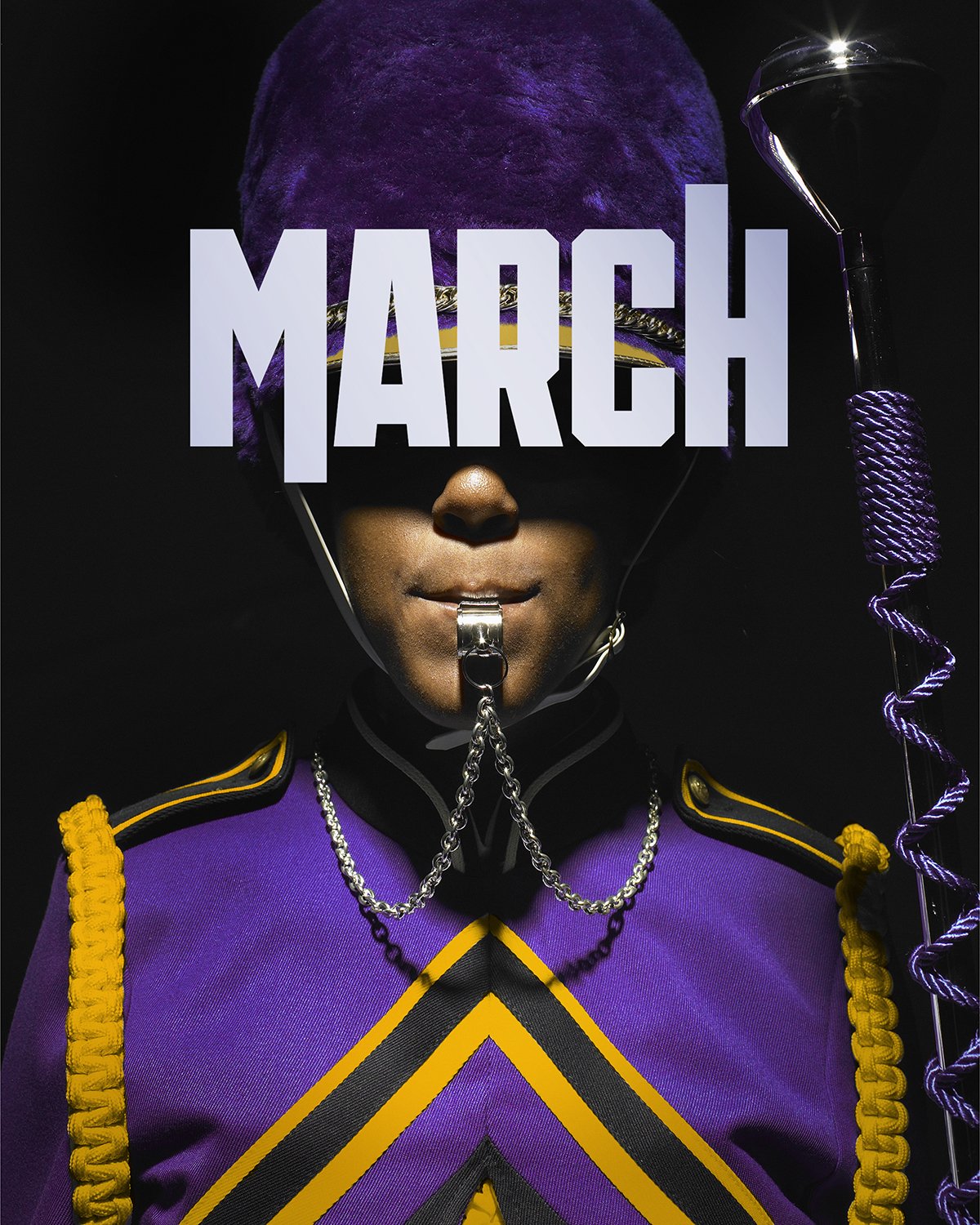 A person in a purple military-style uniform with yellow and black accents, wearing a chain necklace and a purple hat, is holding a purple staff with a silver top. Their eyes are covered by the word 'MARCH' in large, light-colored letters.