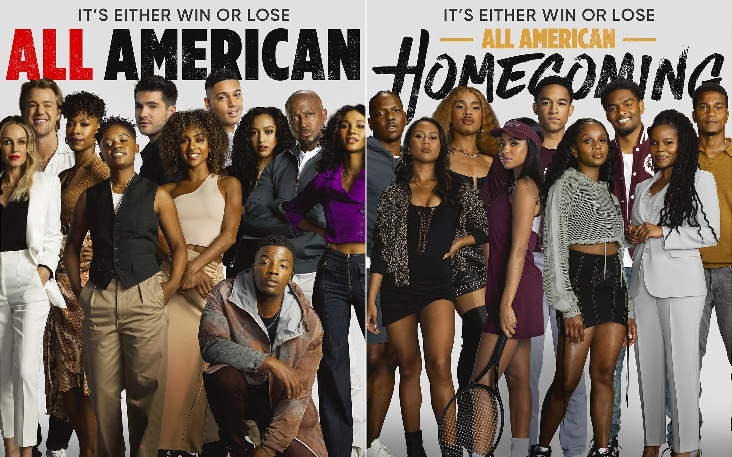 A collage of diverse young adults, split into two groups, with the text 'IT'S EITHER WIN OR LOSE' at the top. The left side features a group of men and women dressed stylishly with confident expressions, and the words 'ALL AMERICAN' in bold red and b