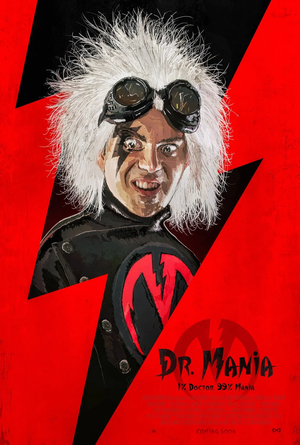 A cartoon illustration of a man with wild white hair wearing goggles on his forehead, a black leather jacket, and a shirt with a red lightning bolt symbol. The background is red with black angular shapes, and there is text that reads "Dr. Mania, 1% D