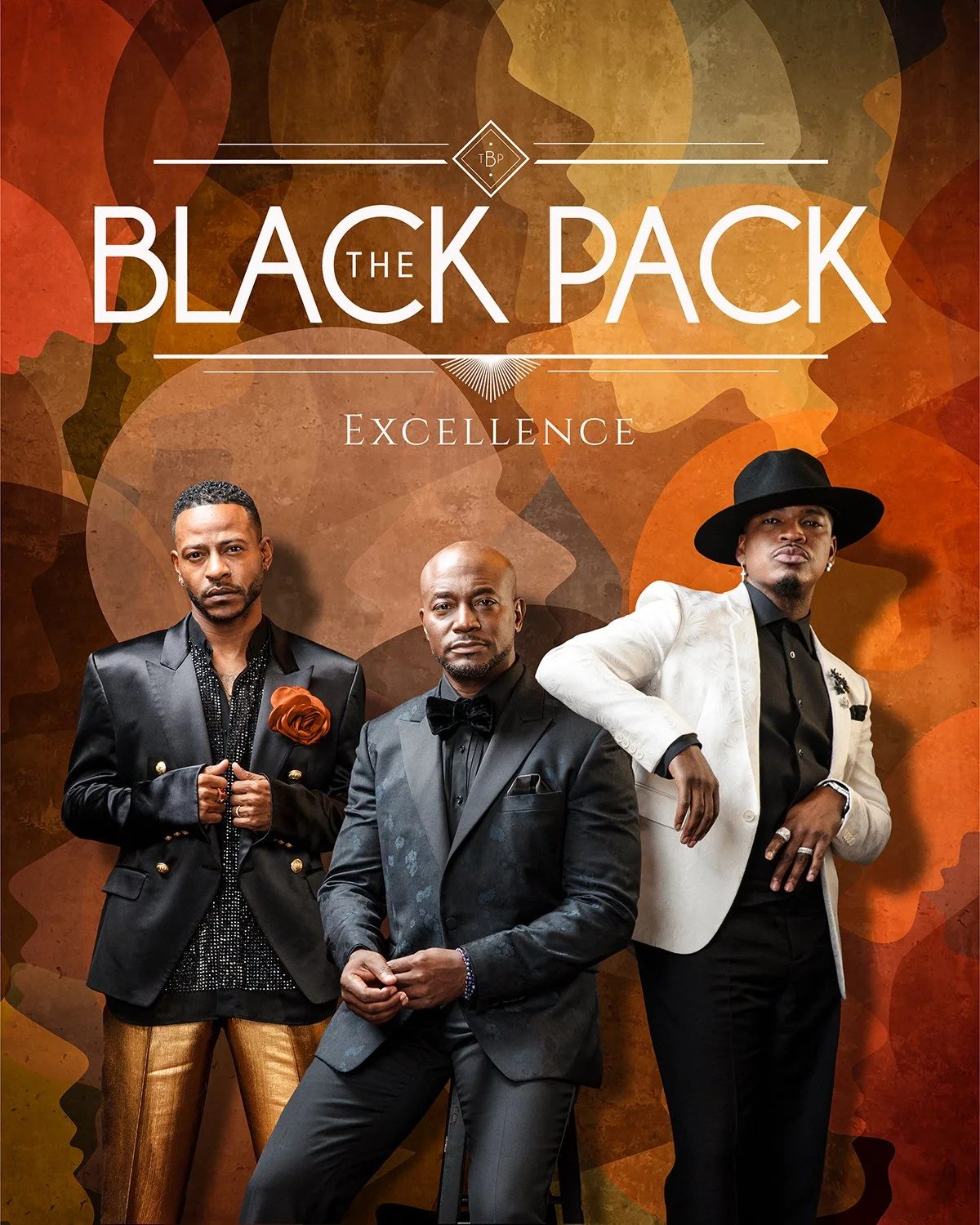 A promotional poster for the musical group The Black Pack. It features three men dressed in stylish suits against a background of overlapping silhouette profiles of faces in warm, earthy tones. The group name is prominently displayed with the word "E