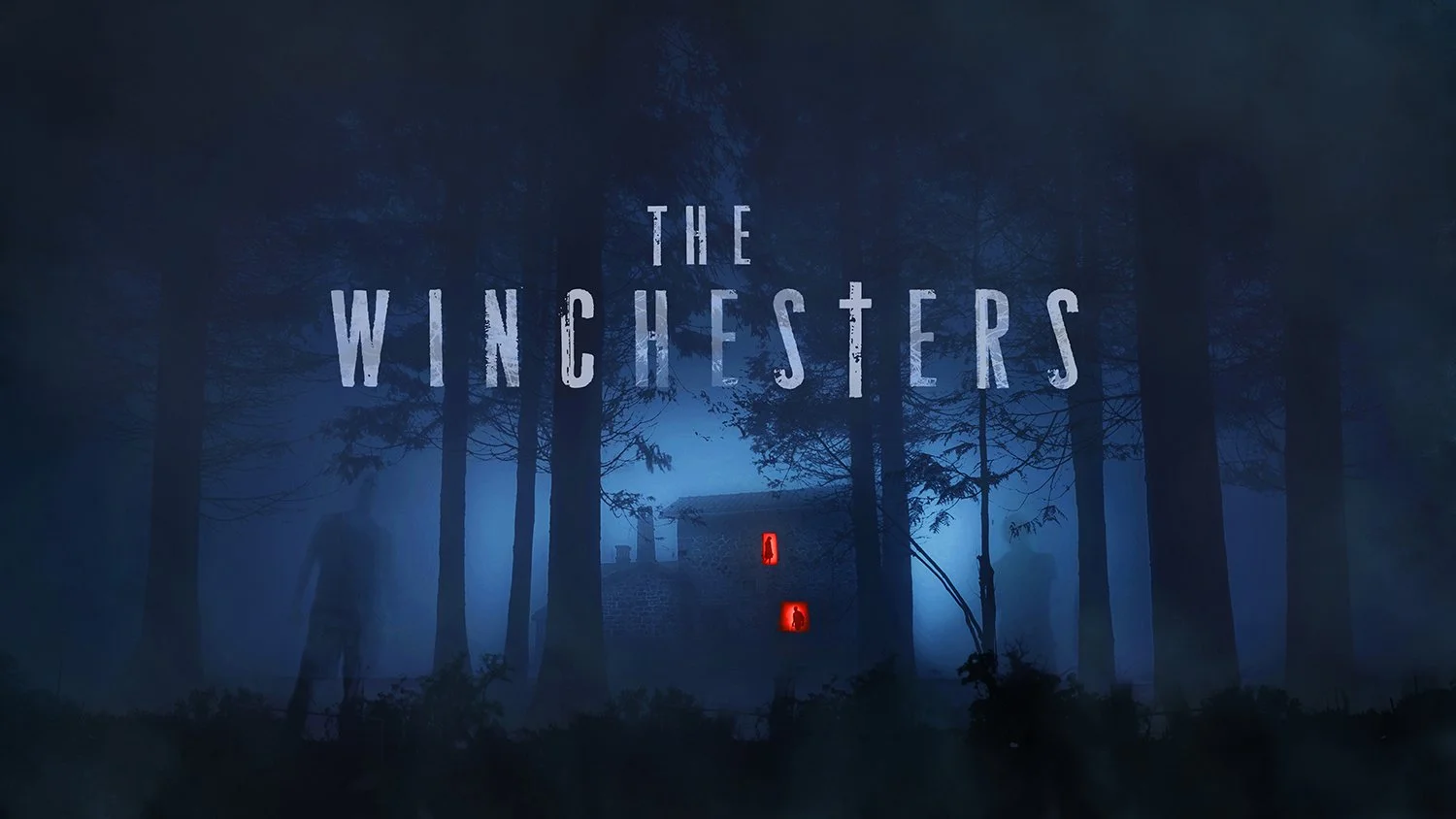 Dark blue forest scene with the title 'The Winchesters' in the center, a shadowy figure to the left and illuminated red windows behind a house in the background.