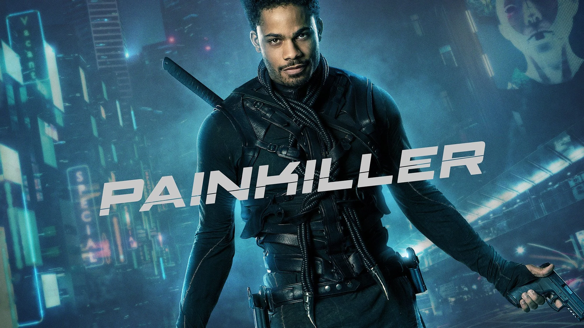 A man in cyberpunk-style black tactical gear with a katana on his back and a gun in his hand, standing in a futuristic city with neon lights and digital signs. The word "PAINKILLER" is overlaid on the image.