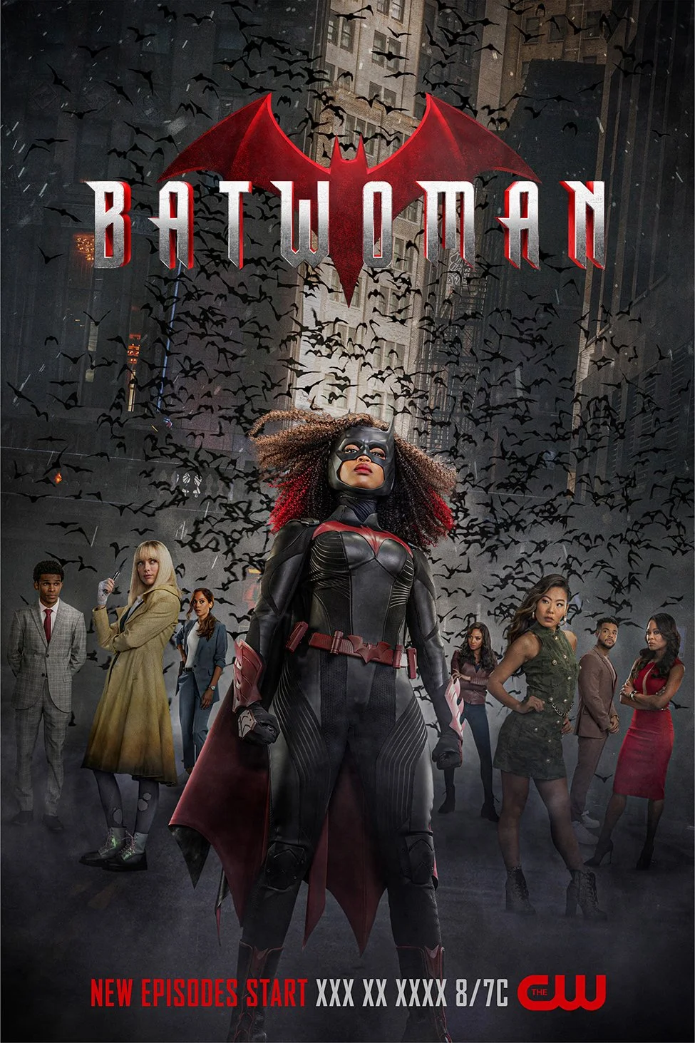 Promotional poster for Batwoman TV series featuring Batwoman in costume with a group of diverse characters in the background, cityscape with fire escapes, and a swarm of bats in the sky.