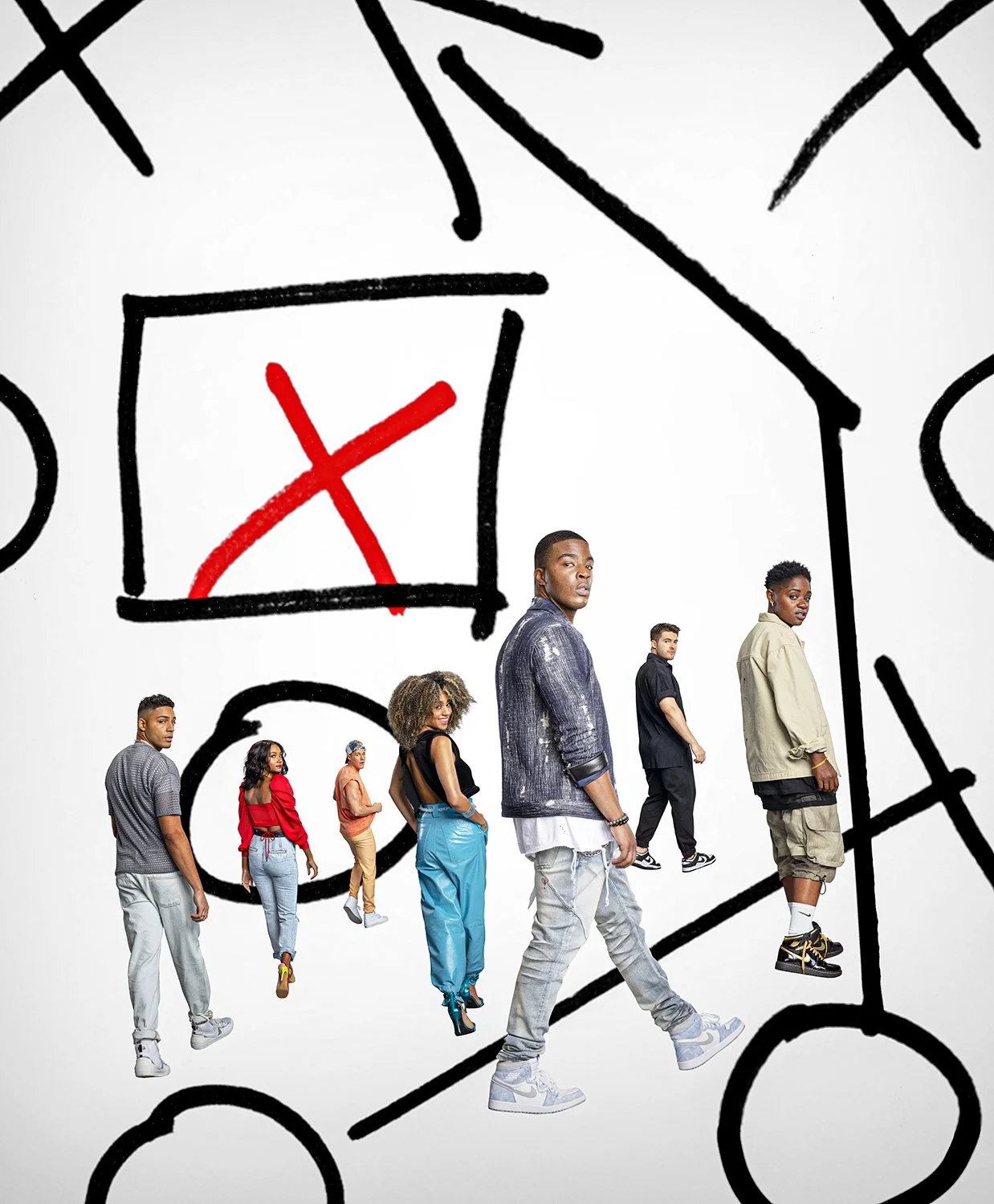 A group of diverse young adults walking in a line in front of a white background with hand-drawn black lines and a red X.