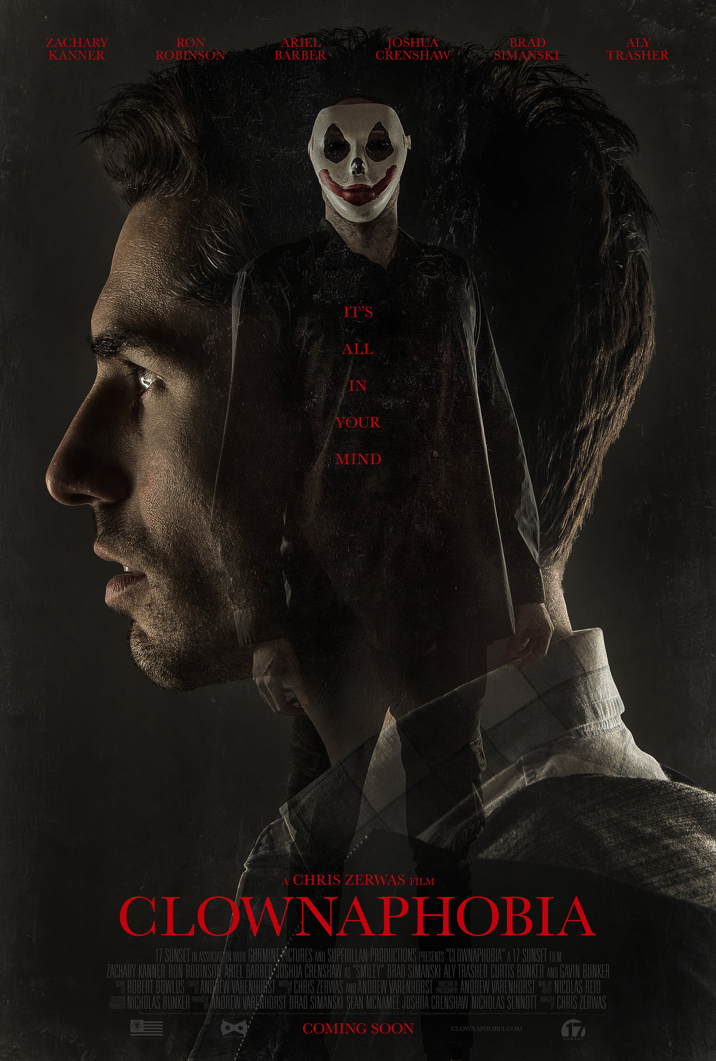 Dark movie poster for 'Clownaphobia' featuring a mysterious figure wearing a clown mask with a sinister smile. The background includes a large profile of a woman's face on the left and a close-up of a man's face on the right. The titles, cast, and pr