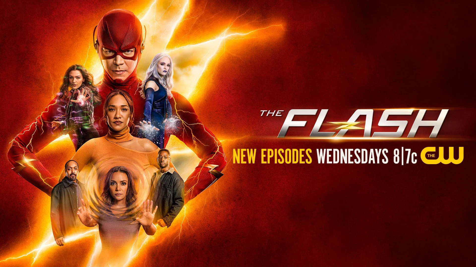 Poster for The Flash TV series featuring multiple characters with lightning and electricity effects, with the title 'The Flash', information about new episodes airing Wednesdays at 8/7c on The CW.