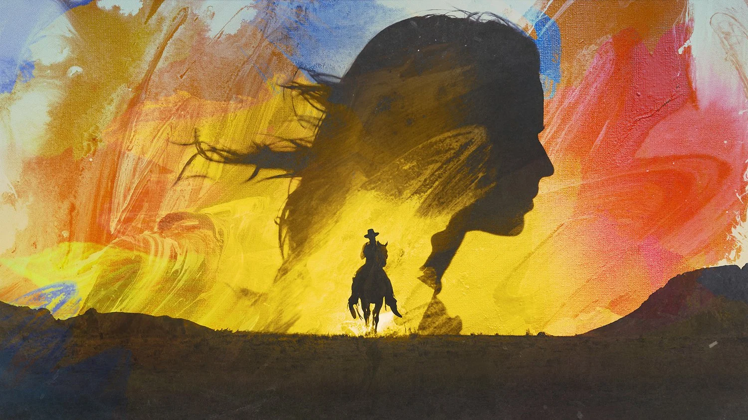 Silhouette of a woman with long hair, overlayed with a large watercolor silhouette of a woman’s profile, against a colorful abstract sunset background with a cowboy riding a horse in the foreground.