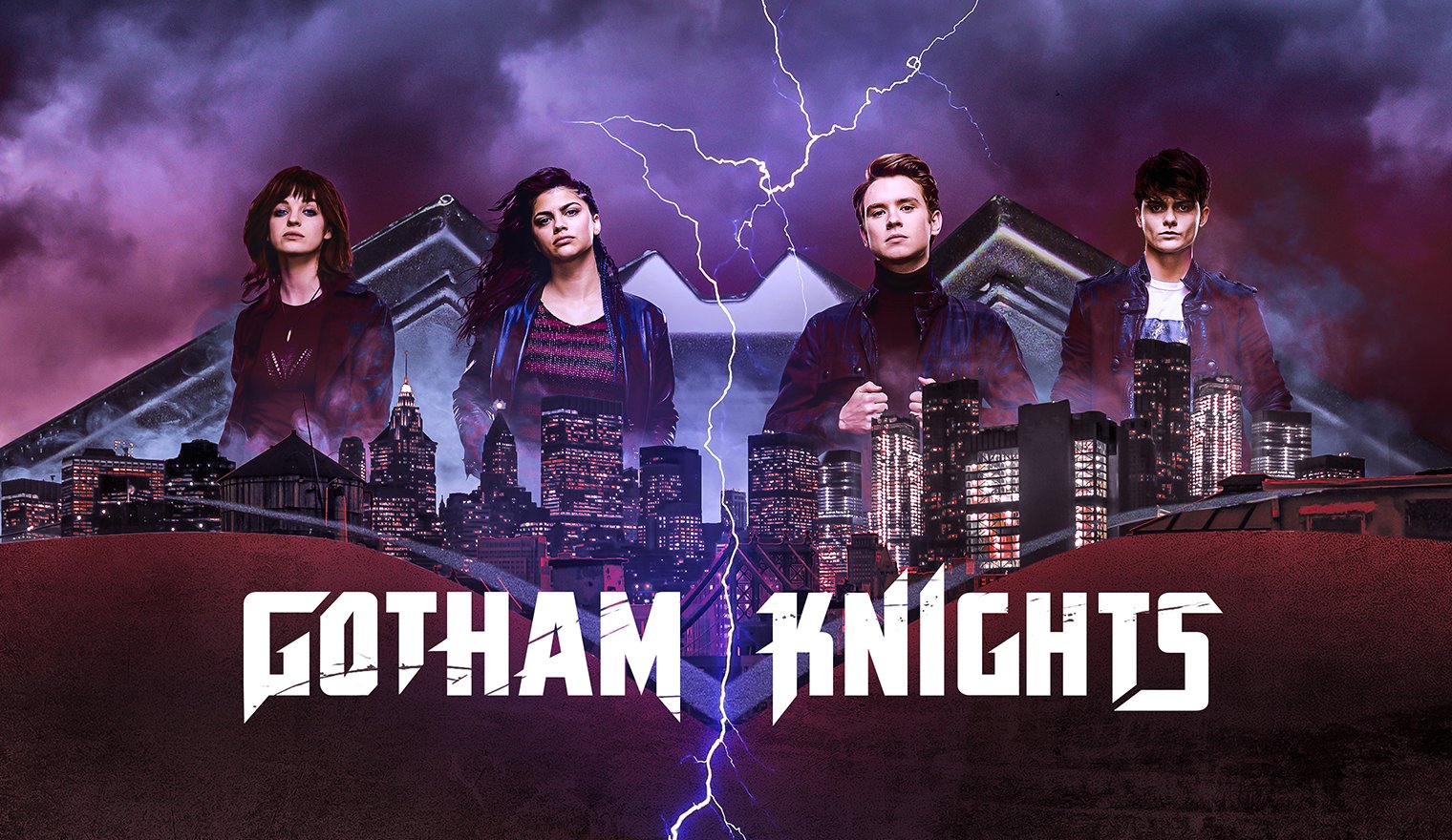 A promotional poster of Gotham Knights featuring four young characters standing against a city skyline with dark stormy skies and lightning, with the title "GOTHAM KNIGHTS" at the bottom.