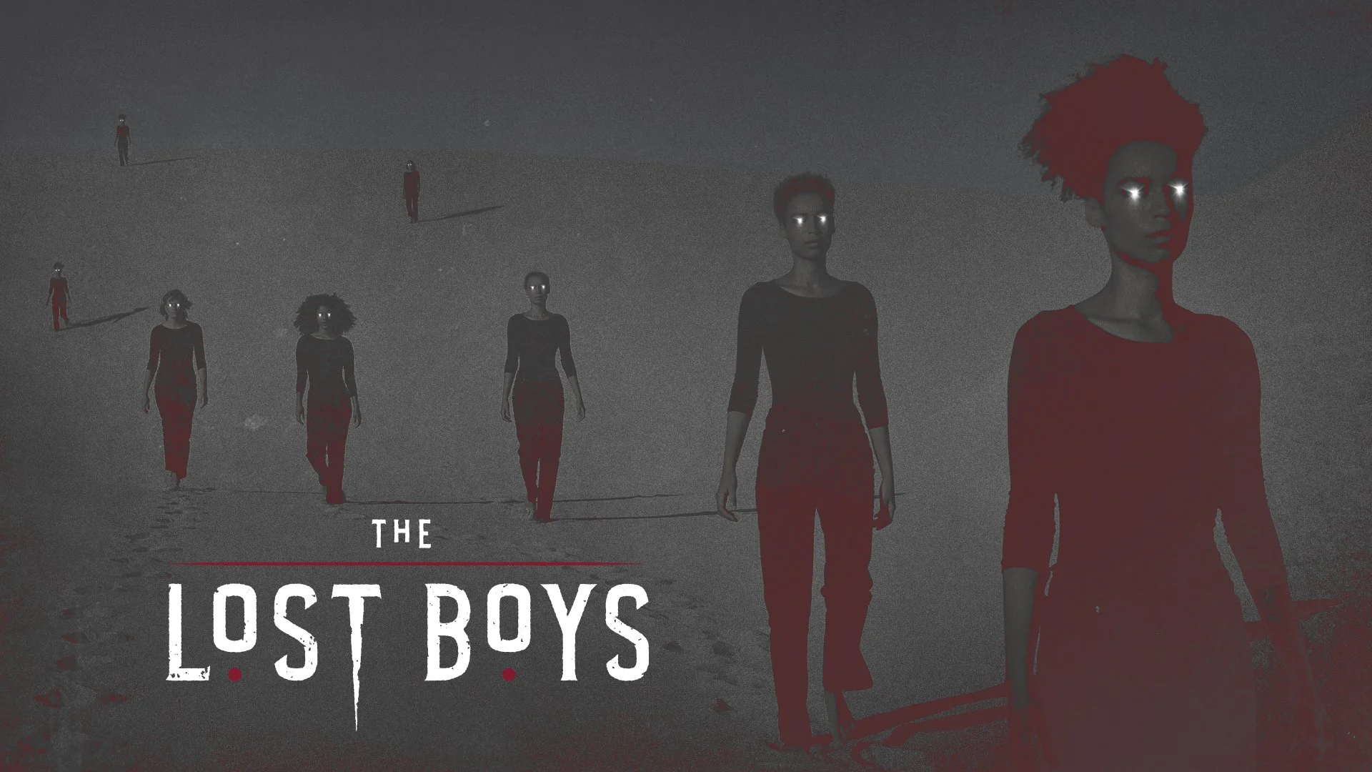 Dark-toned image of six women with glowing eyes, walking in a line across a desolate landscape at night. The women are dressed in dark clothing, with some wearing red accents. The title 'The Lost Boys' is visible at the bottom.