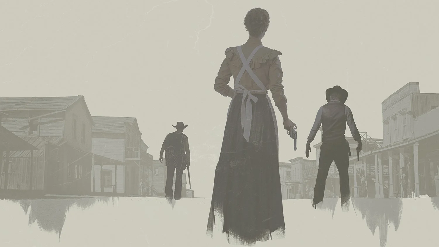 A woman in period clothing holding a gun, flanked by two cowboys also holding guns, standing in an old western town with wooden buildings.
