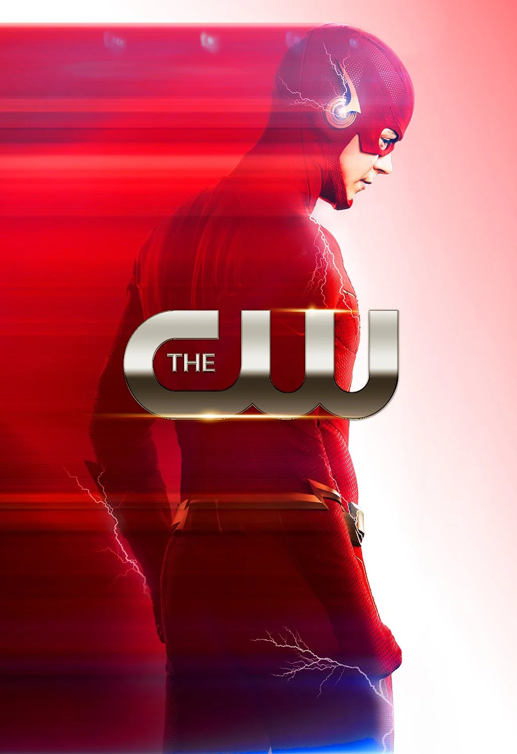 Promotional poster for 'The Flash,' featuring a man in a red superhero suit with lightning effects and motion blur, with the CW logo in the center.