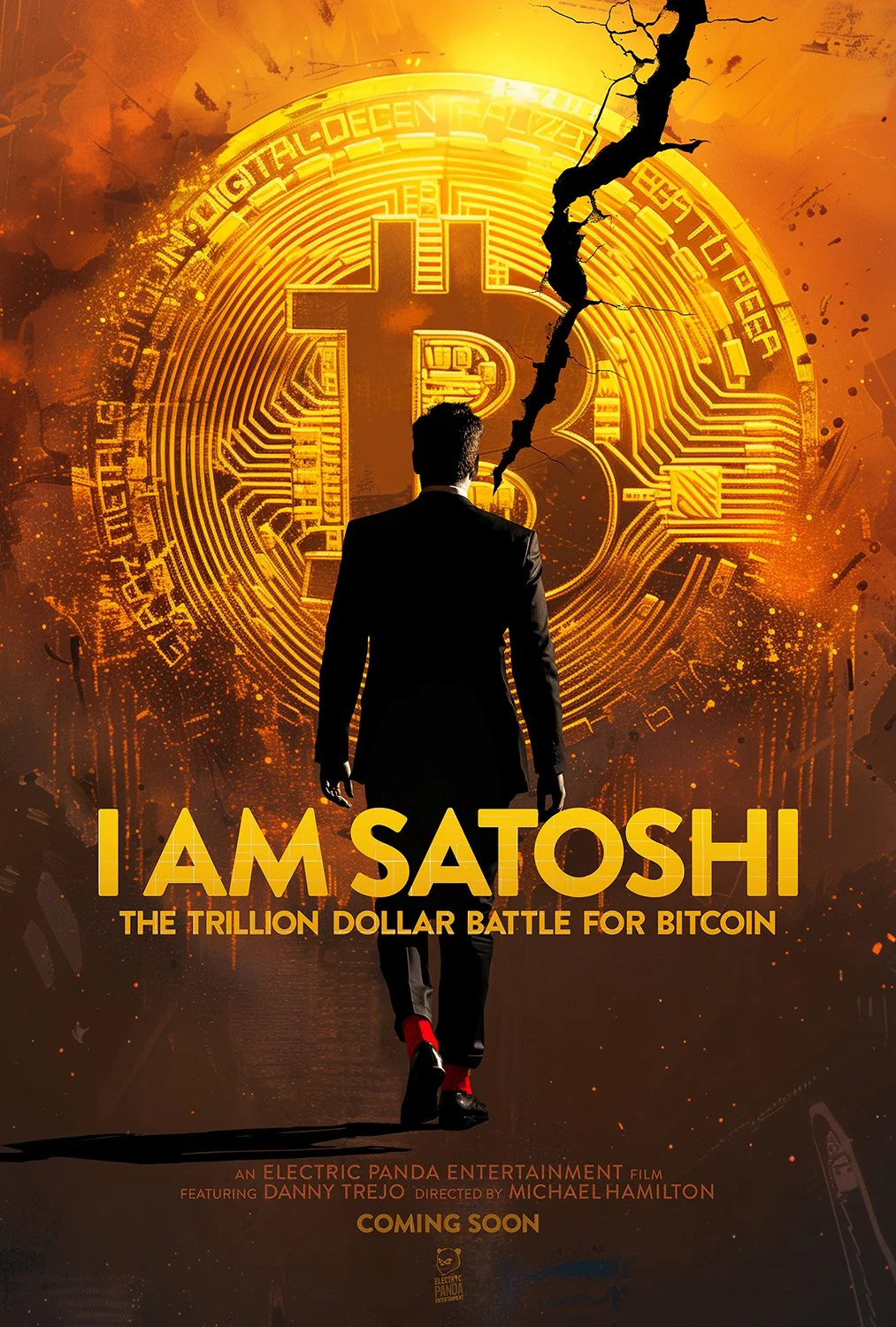 A man in a black suit and red shoes walking towards a large digital Bitcoin symbol with a glowing orange and yellow background. The text reads 'I am Satoshi: The Trillion Dollar Battle for Bitcoin.'