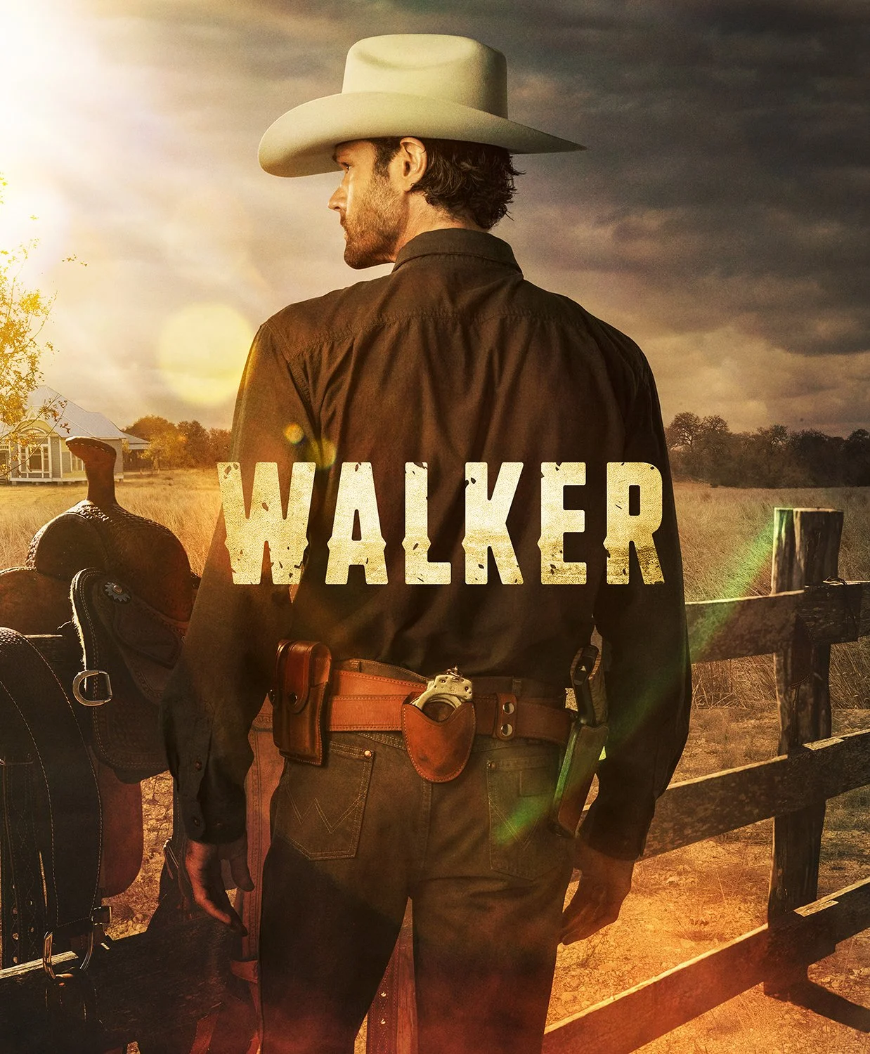 A man dressed as a sheriff with a cowboy hat, gun holstered on his waist, standing outdoors near a wooden fence during sunset, with the word "WALKER" overlaid.