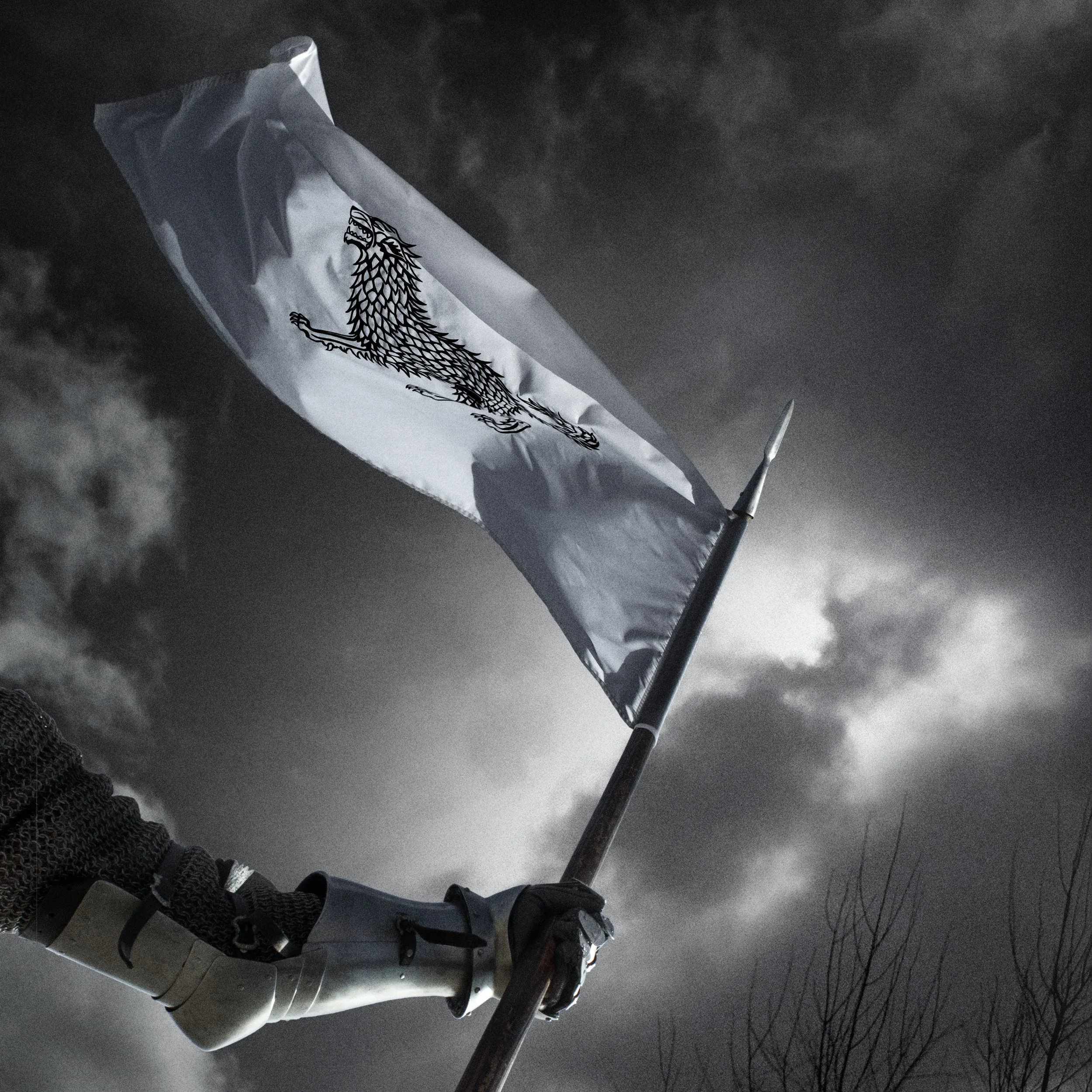 A white football cleat with black accents and a sock, a flag with a black dragon emblem, a baseball bat, and a black bicycle wheel on a cloudy sky background.