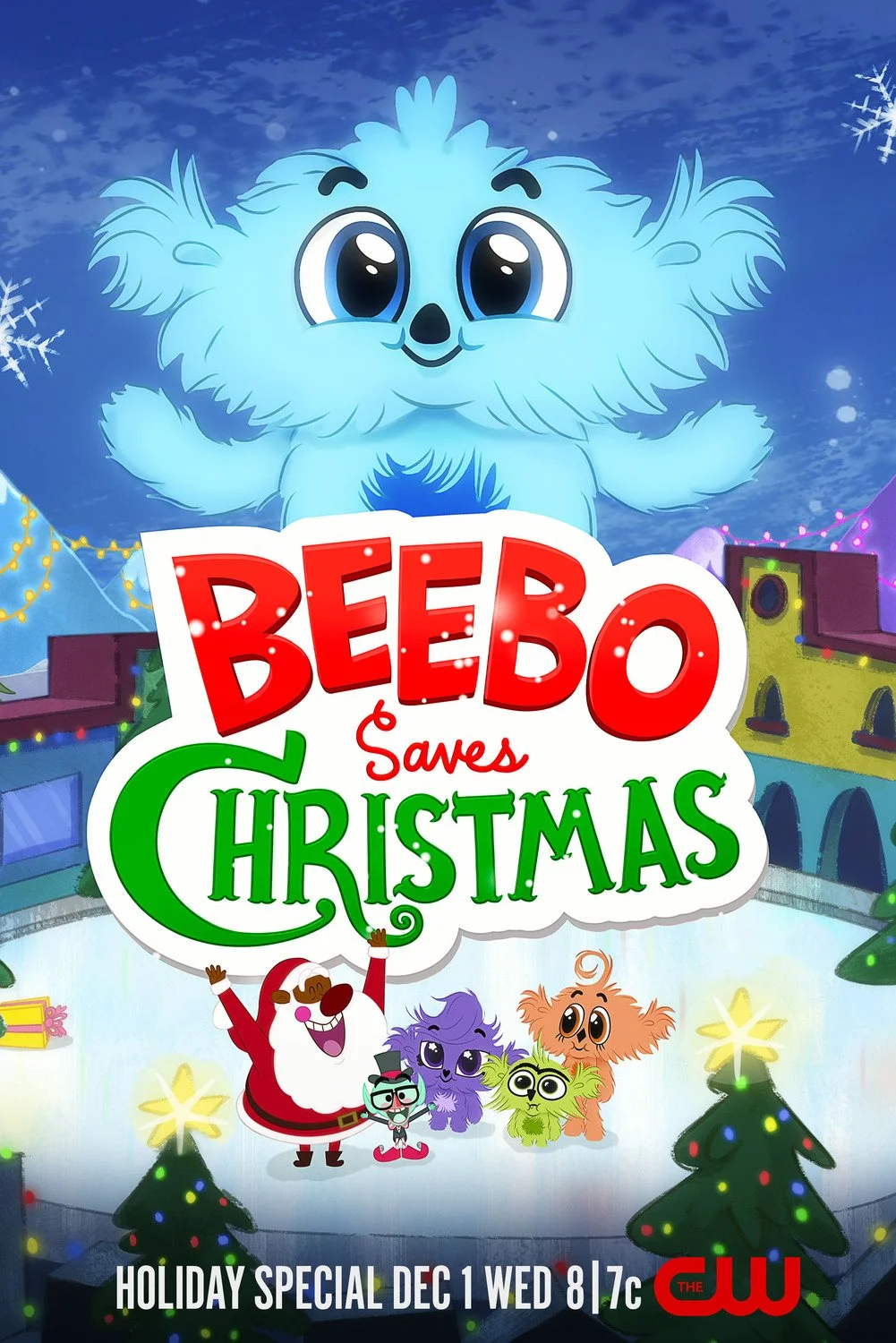 Animated cover for 'Bebo Saves Christmas' featuring a blue furry creature with large eyes, a Santa Claus character, and three small colorful monsters, with Christmas trees, presents, and festive lights in the background.