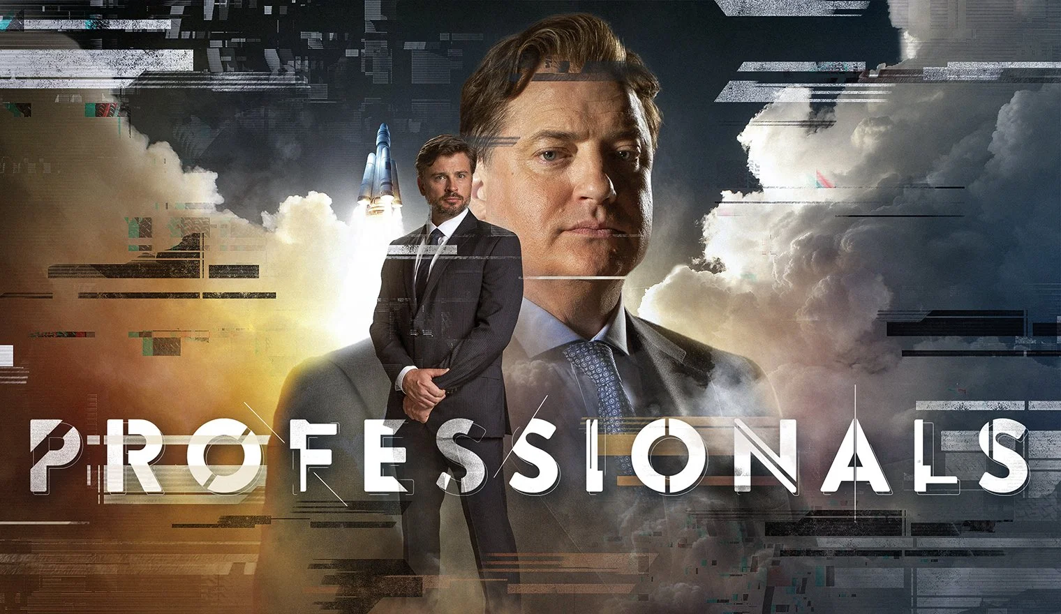 Composite digital image featuring two men in suits, one in the foreground and one in the background. Behind them is a cloudy sky with a rocket launching and various glitch effects. The word 'PROFESSIONALS' appears at the bottom of the image.