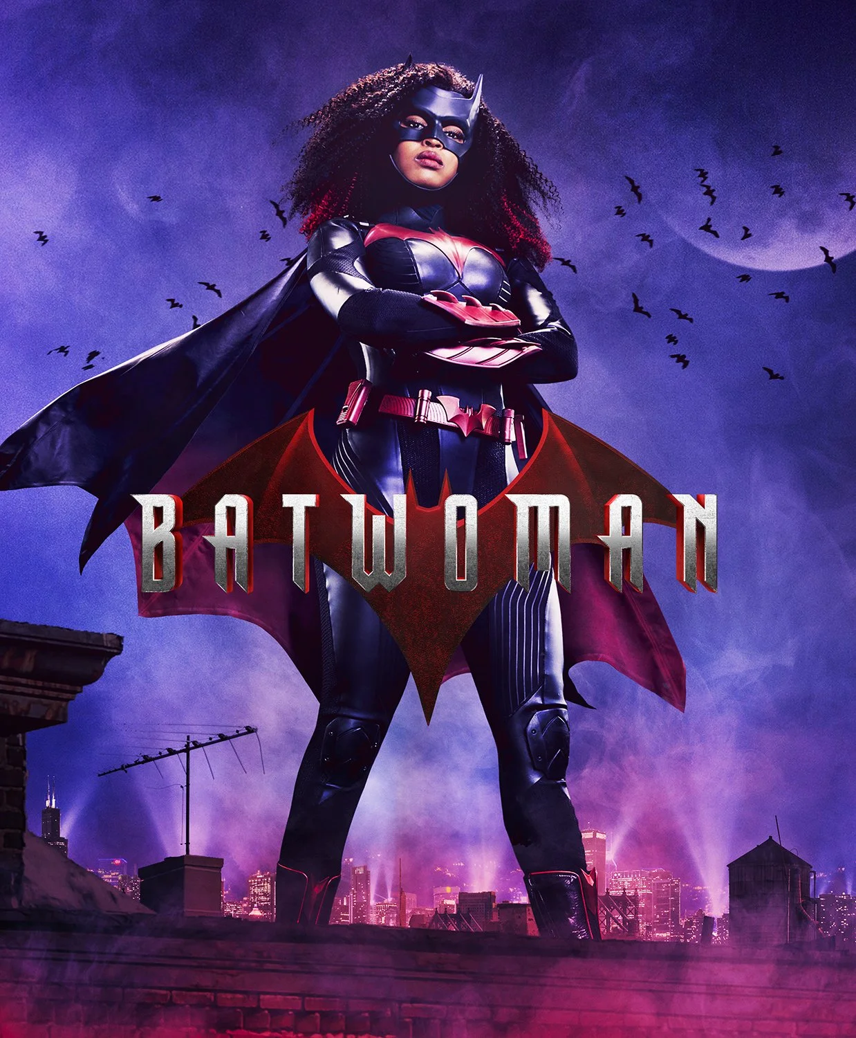 A female character dressed as Batwoman standing on a rooftop with a city skyline in the background under a purple night sky with a full moon and flying bats. The character wears a black and red costume with a cape and mask, and the word "BATWOMAN" is