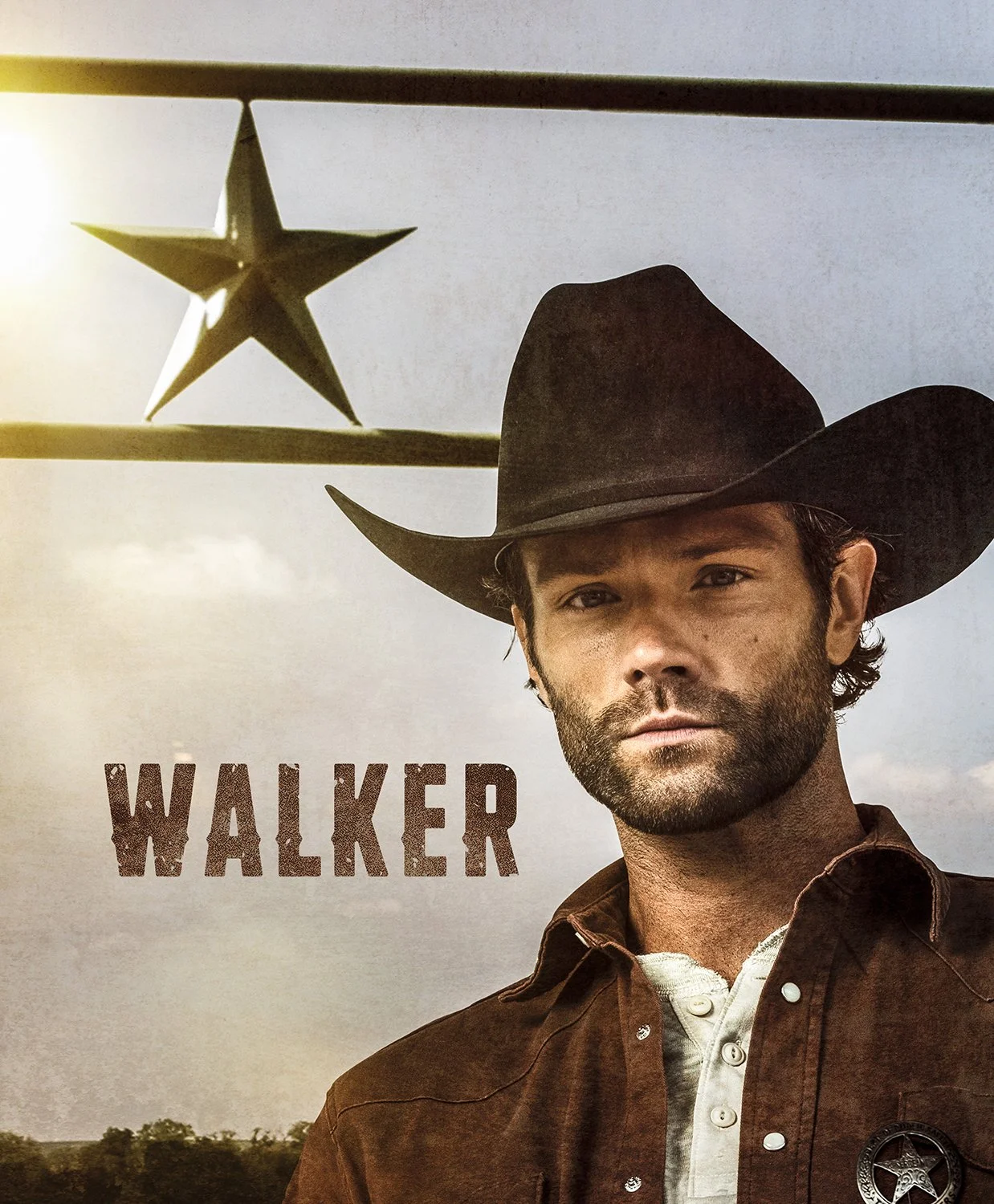 Cover image from the TV show 'Walker', featuring a man dressed as a cowboy with a large hat and a serious expression, standing outdoors with a clear sky and a star emblem in the background.