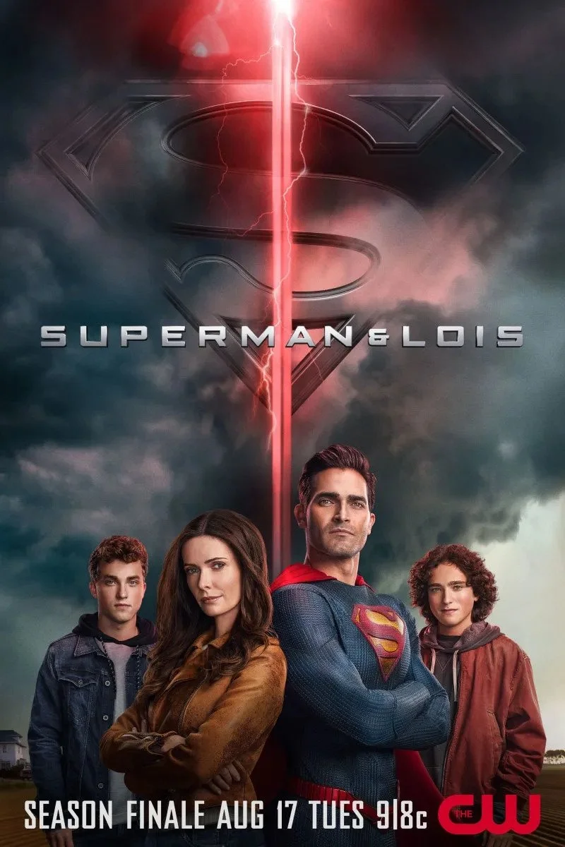 Poster for "Superman & Lois" TV show featuring Superman with arms crossed, three young adults behind him, a dark cloudy sky, and a large lightning bolt forming the "S" symbol in the background, with promotional text for the season finale.
