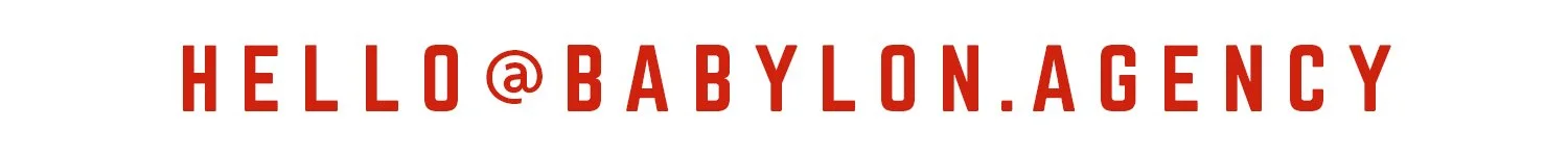 Text reading "HELLO@BABYLON.AGENCY" in bold red letters on a white background.